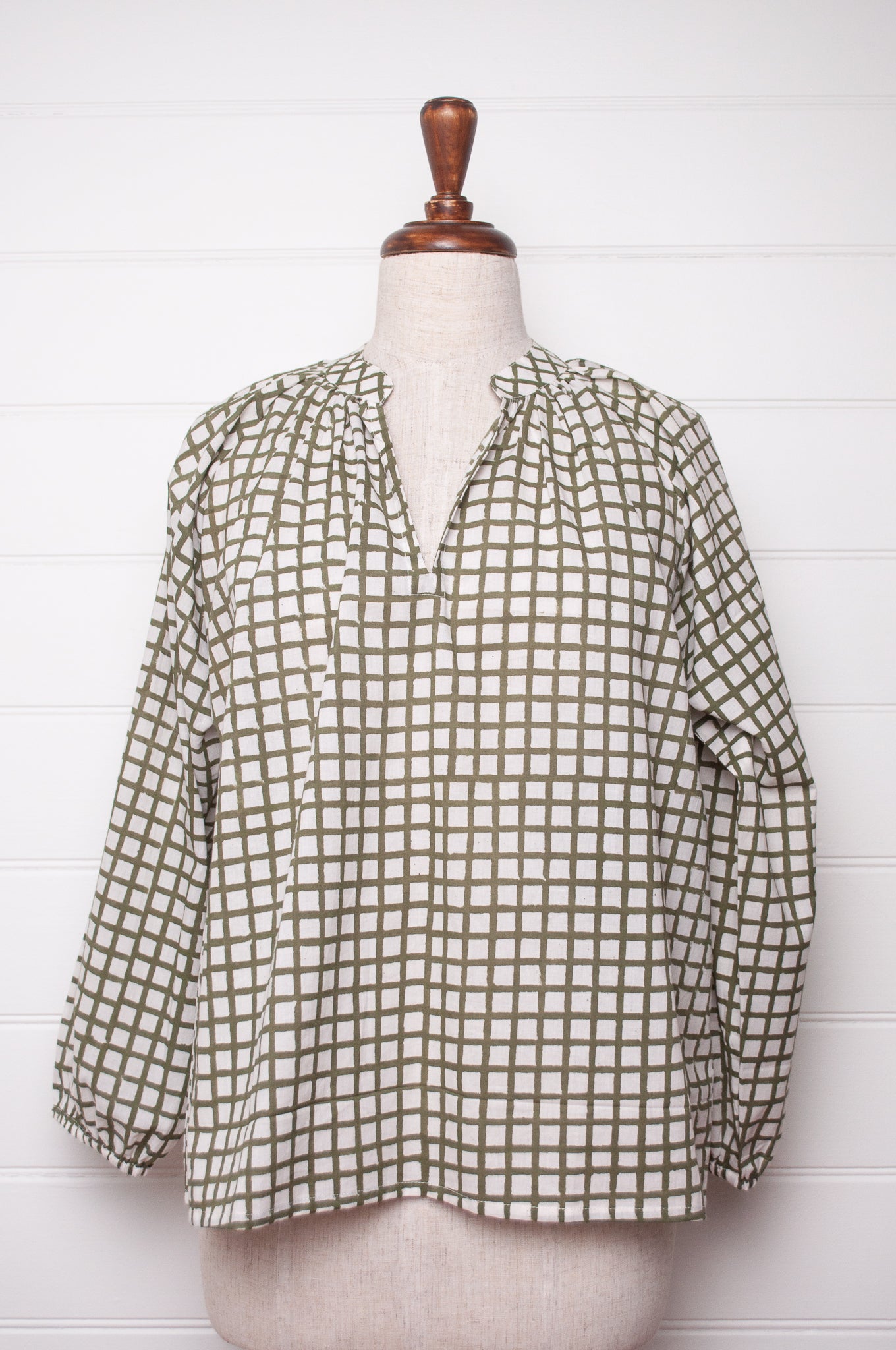 Green and white tile check blouse, blockprinted cotton.