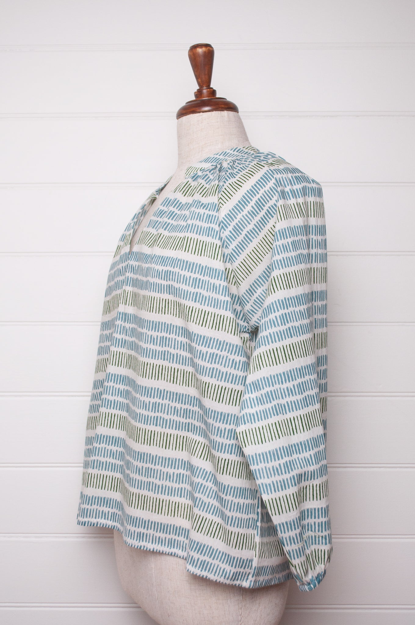 Cotton blockprint blouse white with blue and olive green stripes of stripes.