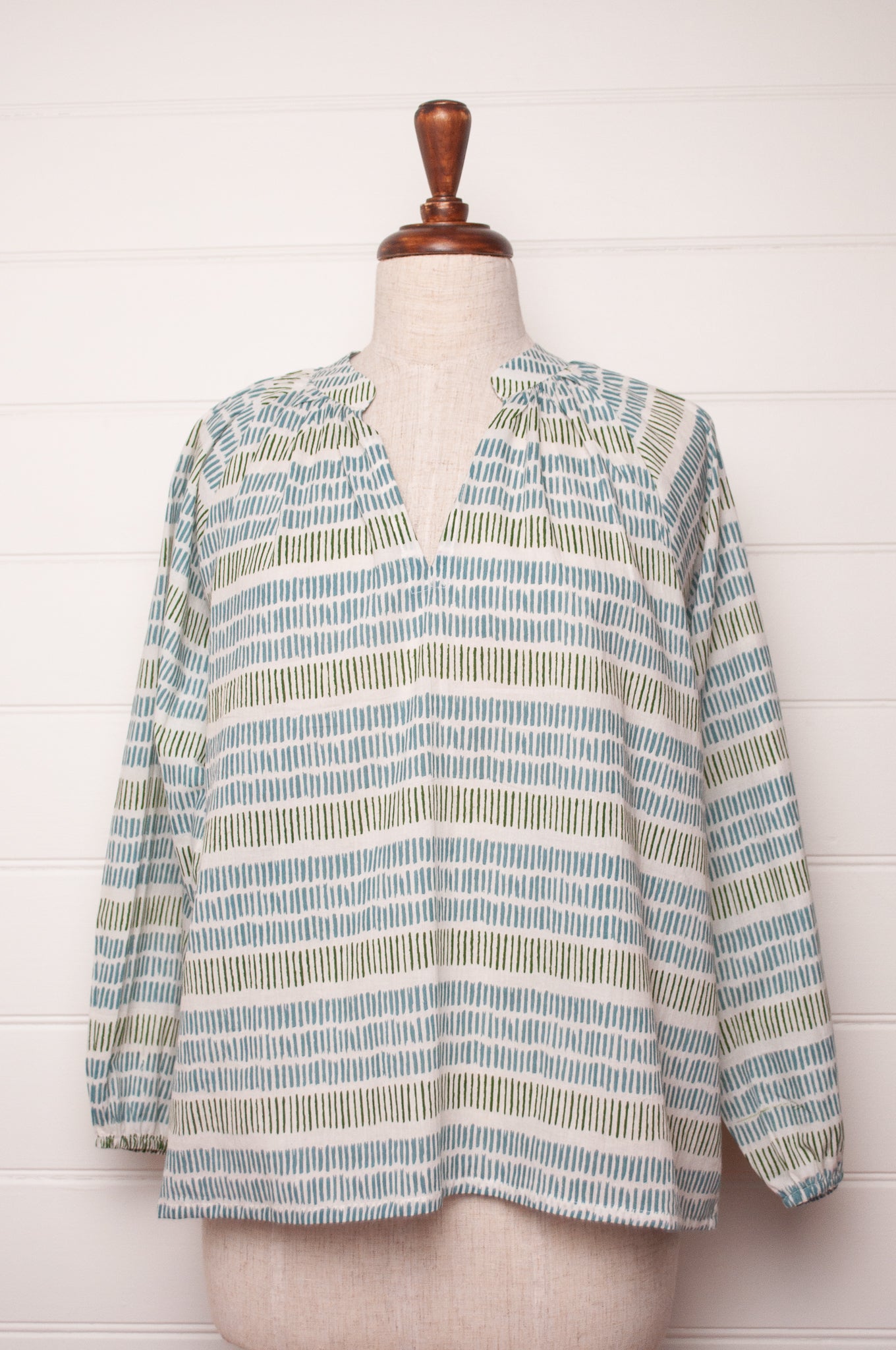 Cotton blockprint blouse white with blue and olive green stripes of stripes.
