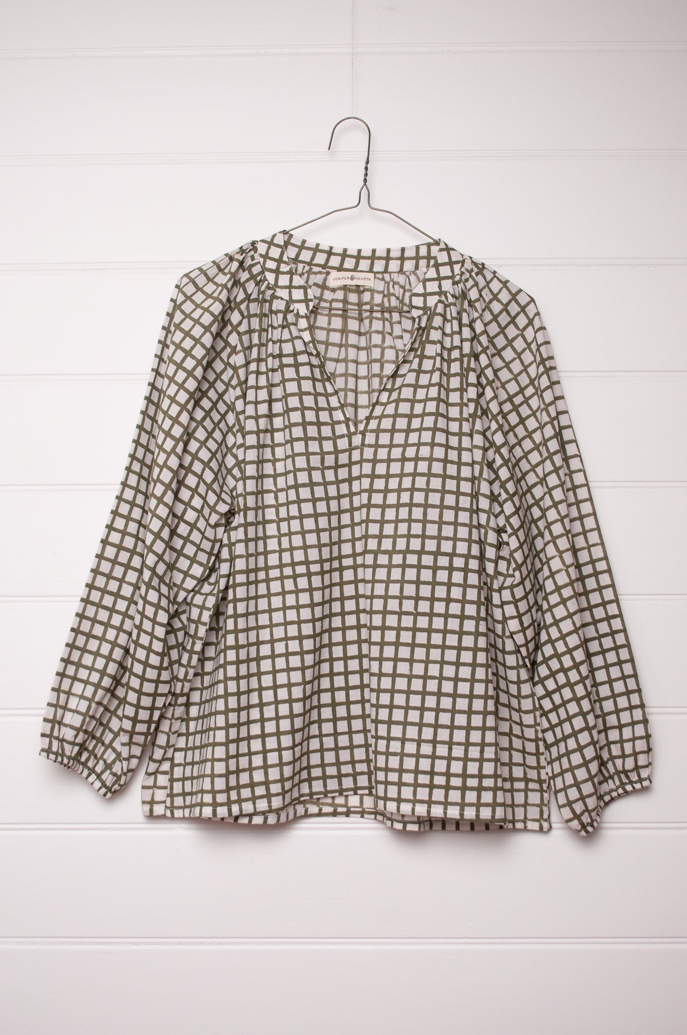 Green and white tile check blouse, blockprinted cotton.