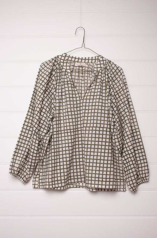 Green and white tile check blouse, blockprinted cotton.