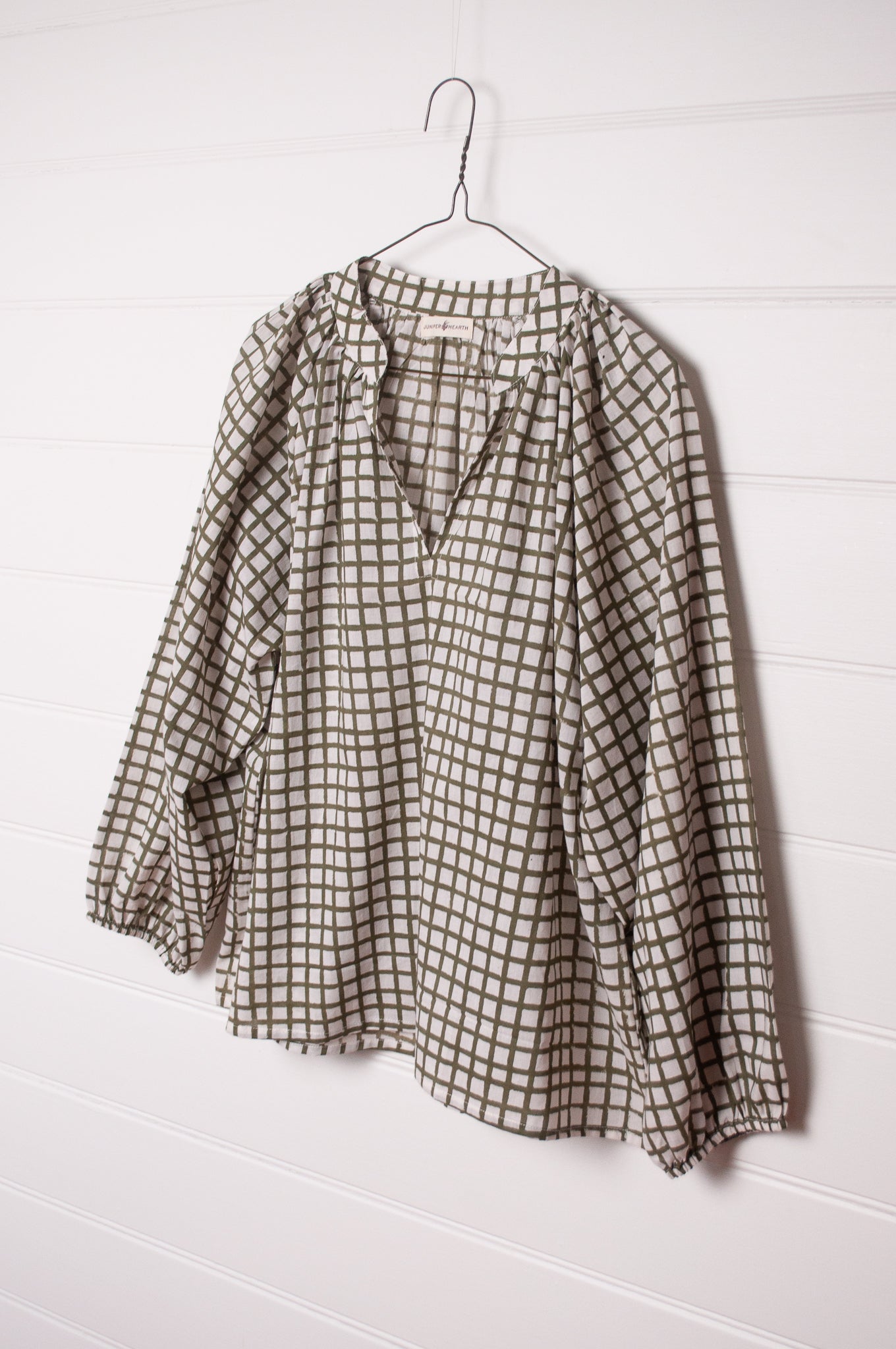 Green and white tile check blouse, blockprinted cotton.