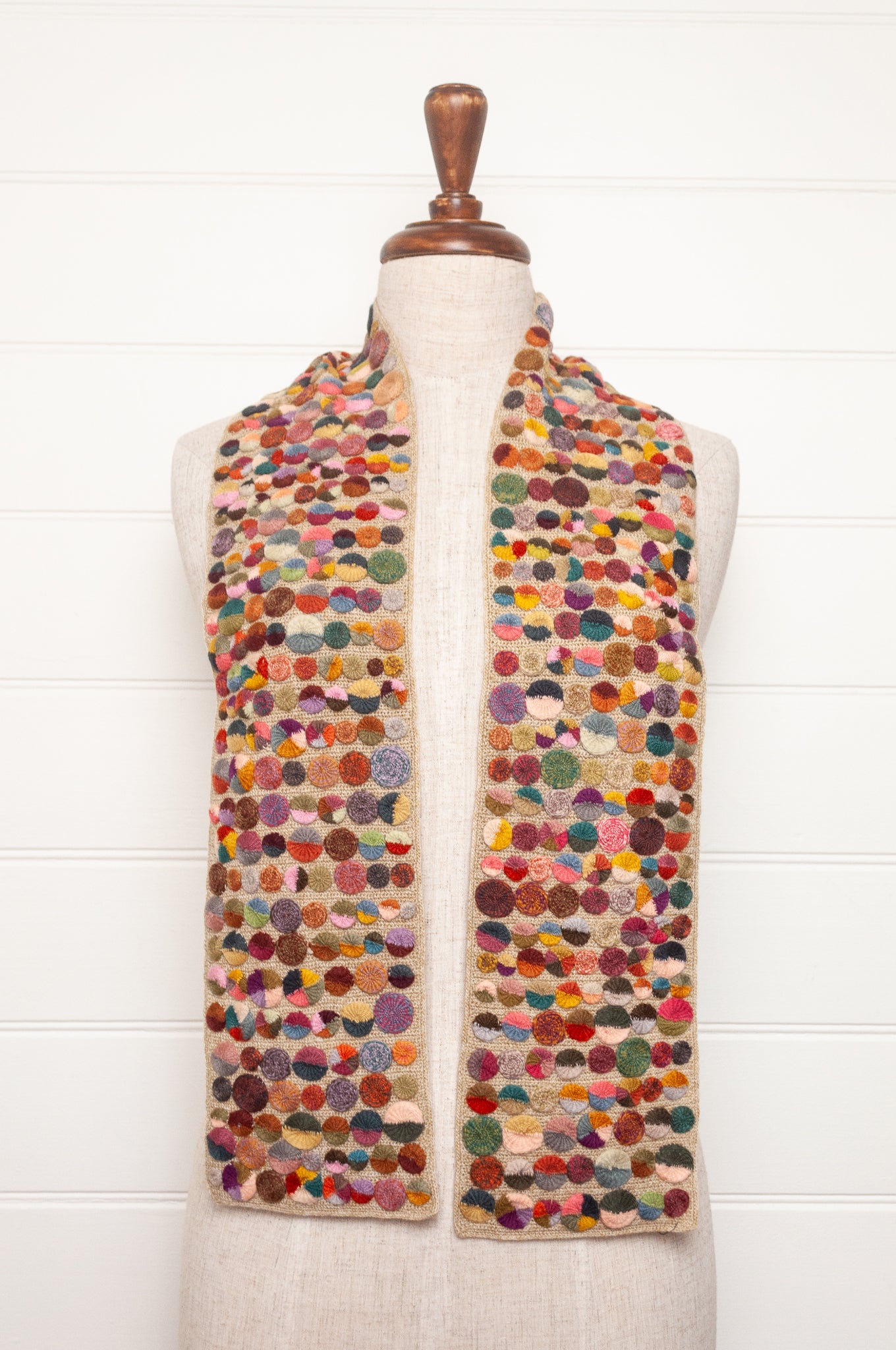 Sophie Digard crochet scarf of multi coloured medallions on natural base.