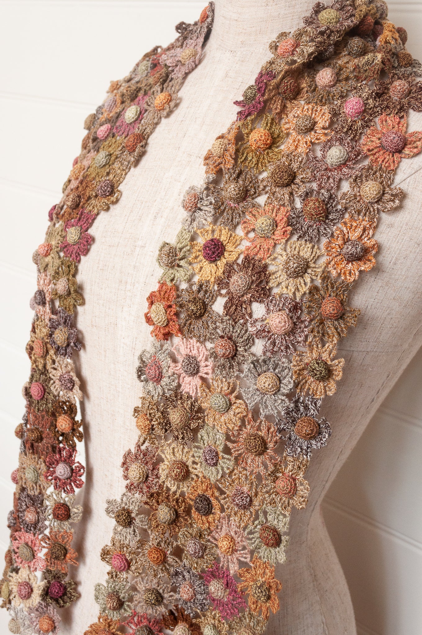 Sophie Digard crocheted scarf floral lattice in neutral tones.