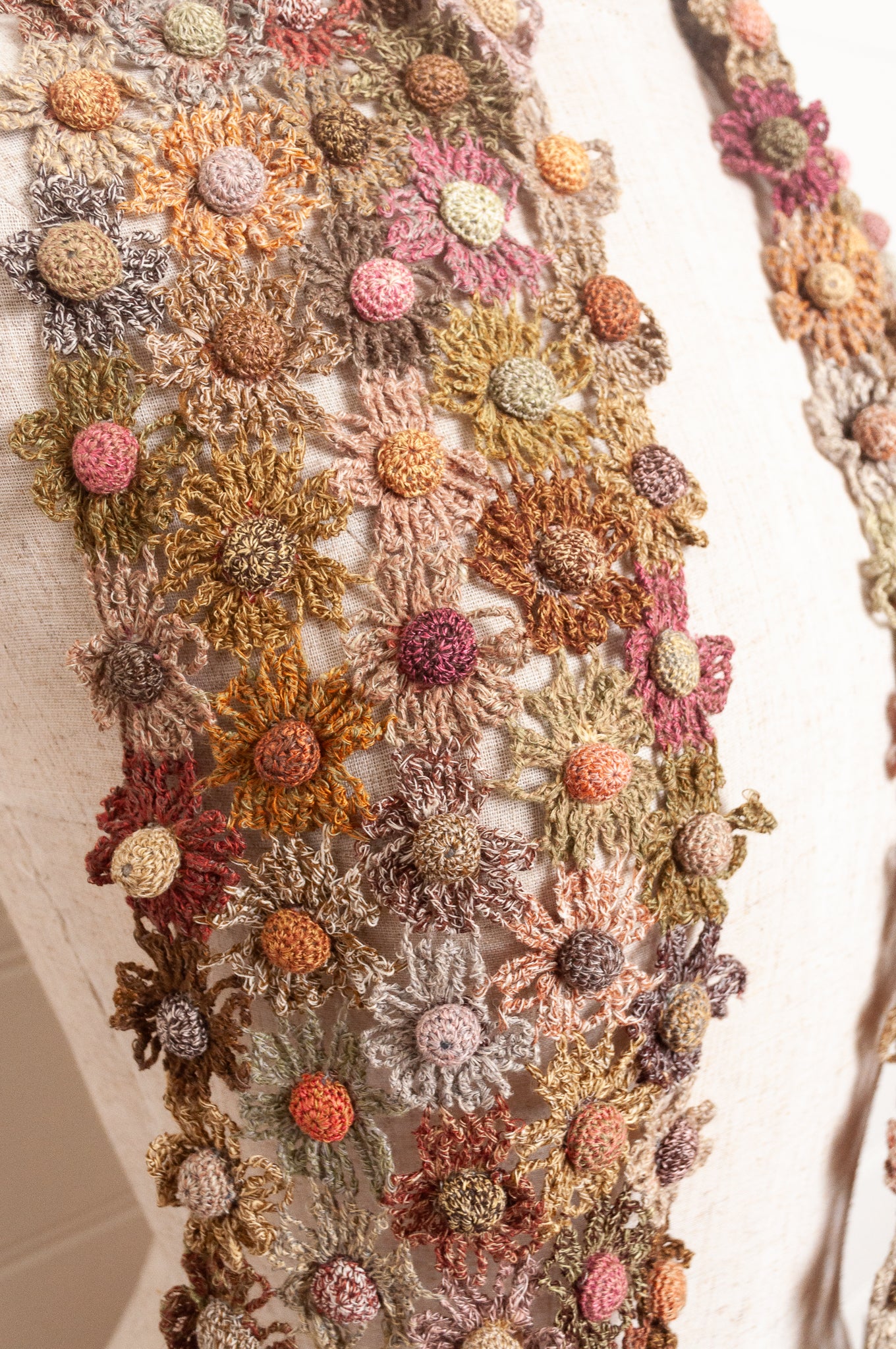 Sophie Digard crocheted scarf floral lattice in neutral tones.