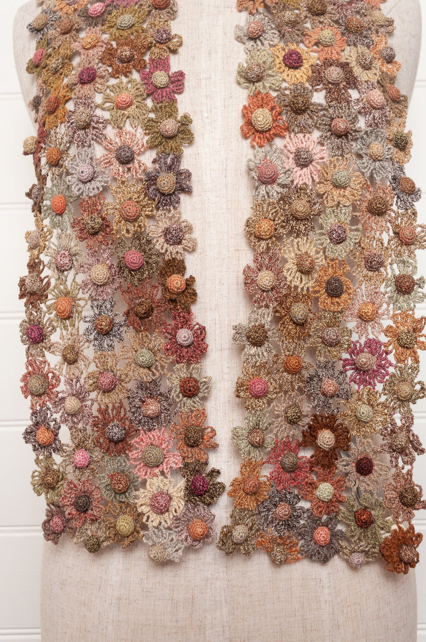 Sophie Digard crocheted scarf floral lattice in neutral tones.