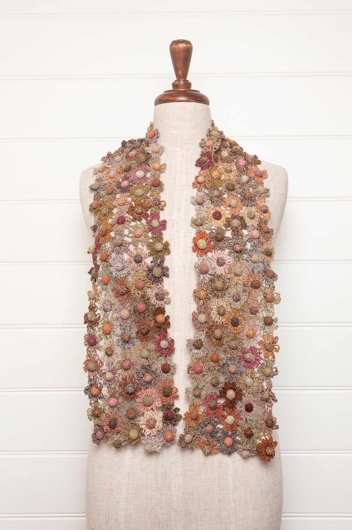 Sophie Digard crocheted scarf floral lattice in neutral tones.
