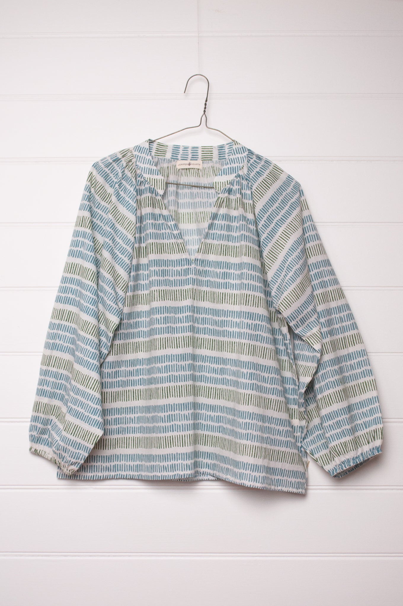 Cotton blockprint blouse white with blue and olive green stripes of stripes.