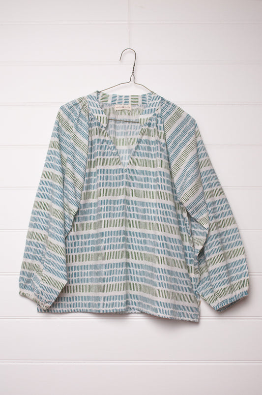 Cotton blockprint blouse white with blue and olive green stripes of stripes.