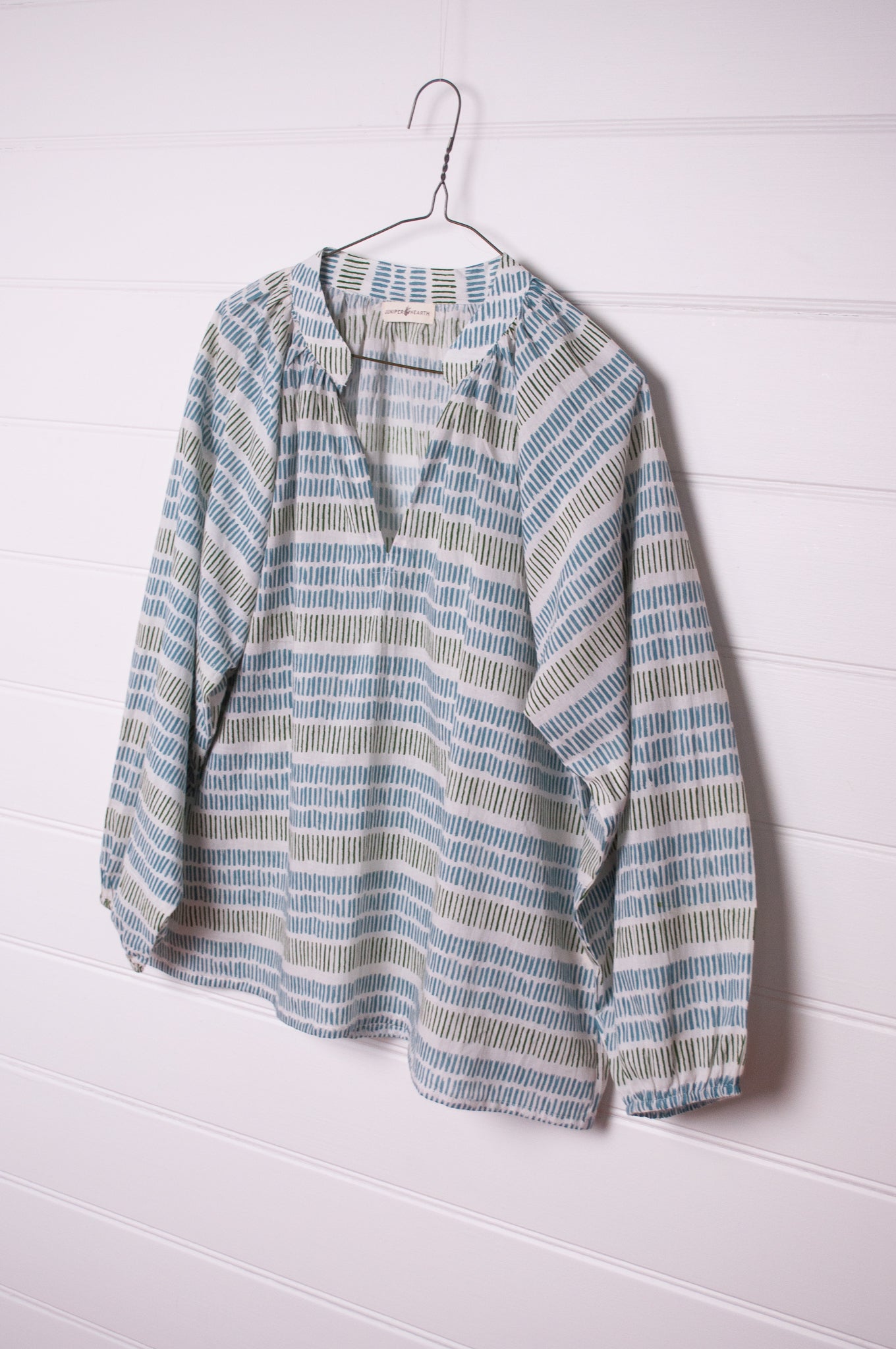 Cotton blockprint blouse white with blue and olive green stripes of stripes.