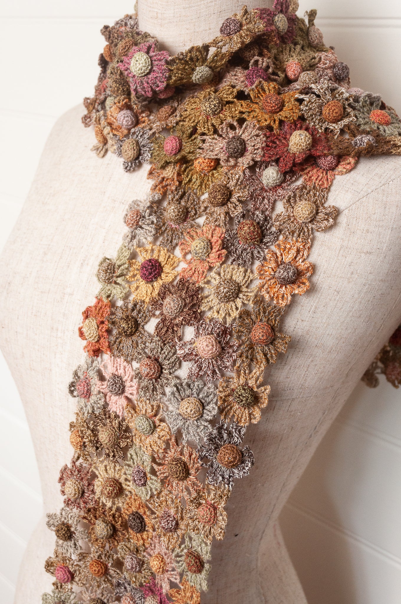 Sophie Digard crocheted scarf floral lattice in neutral tones.