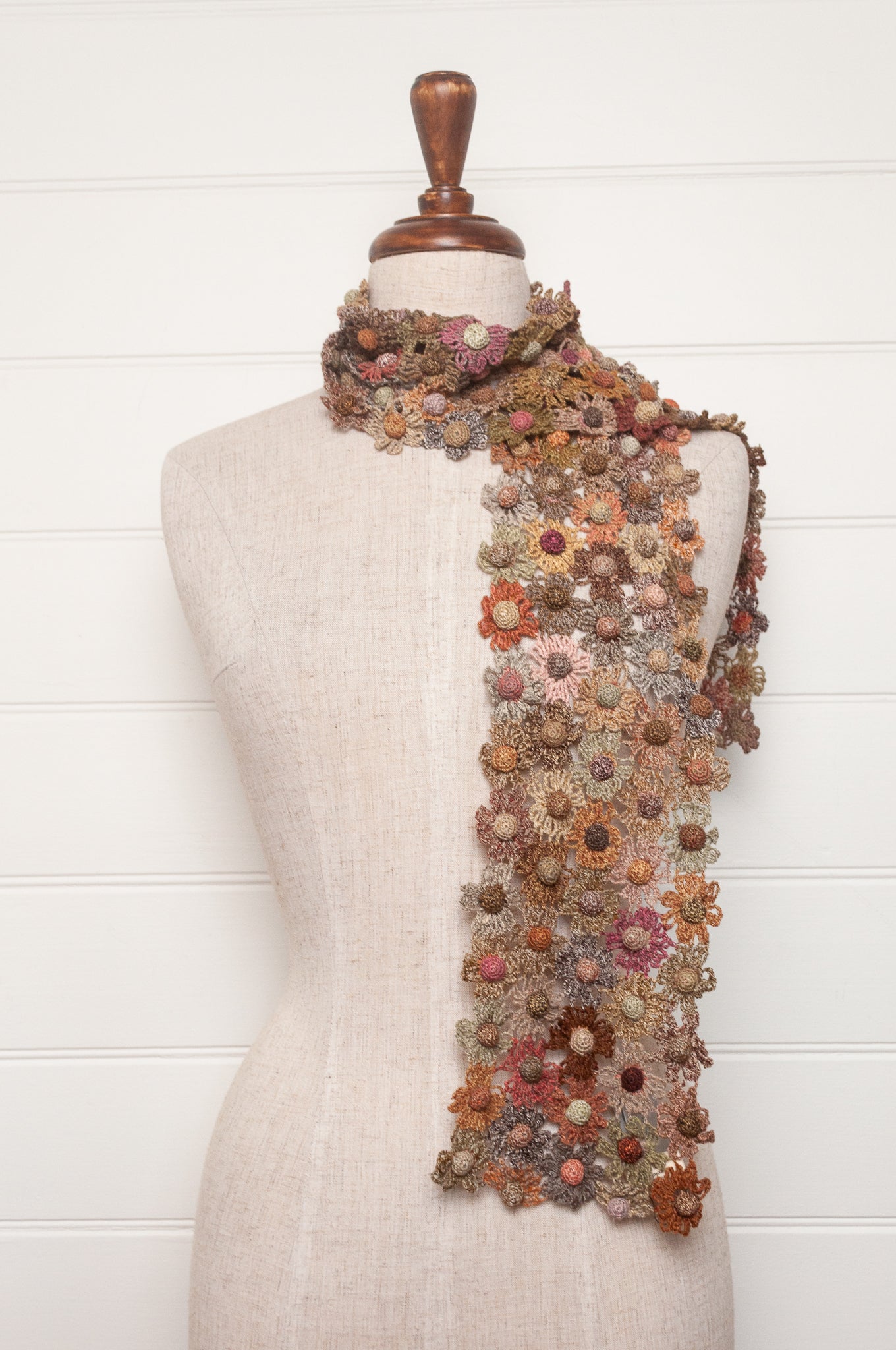 Sophie Digard crocheted scarf floral lattice in neutral tones.