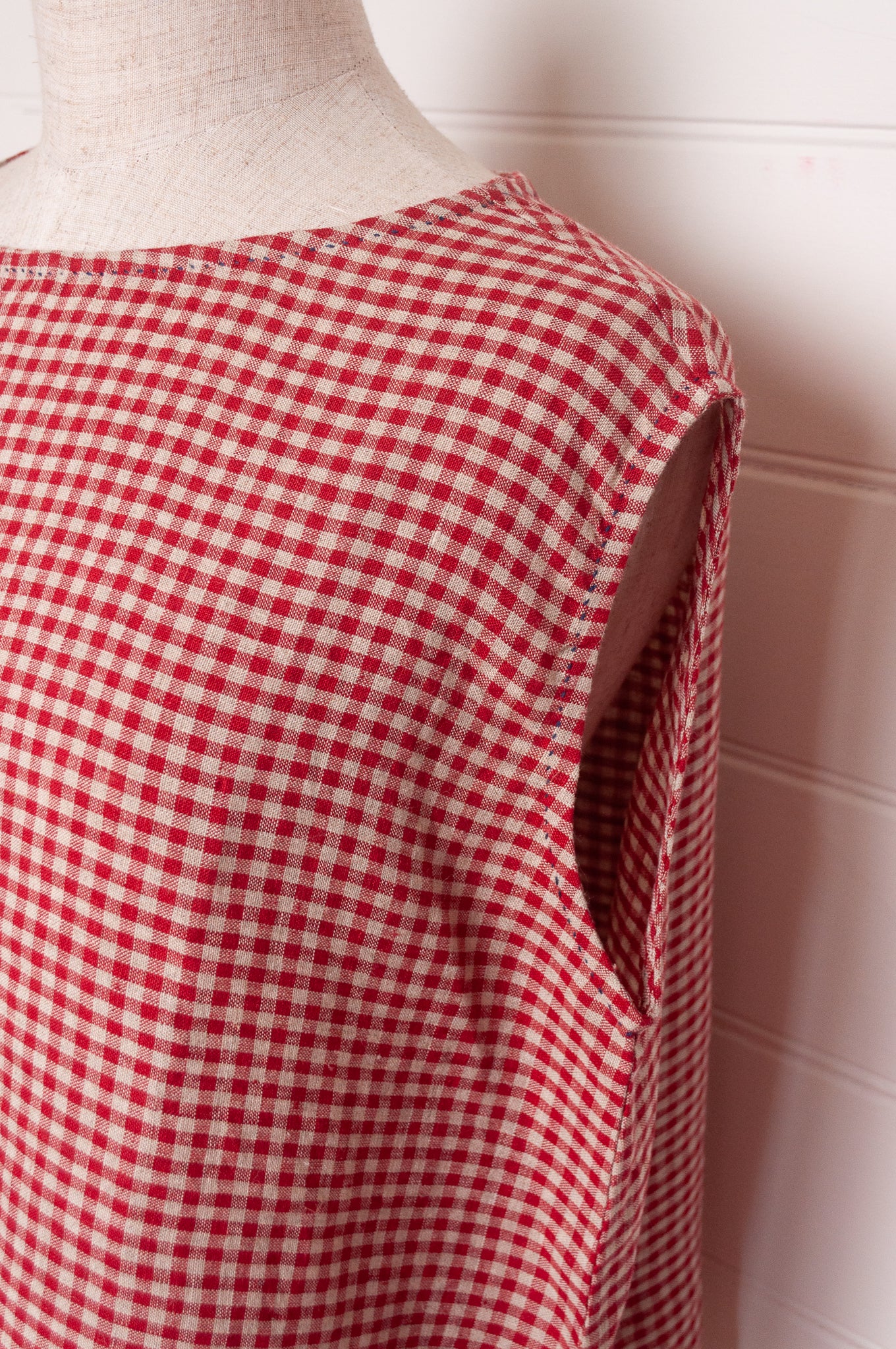 DVE Aishani crimson red check linen sleeveless top.