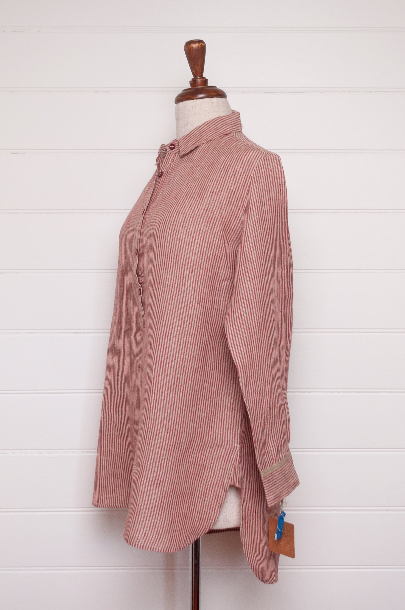 DVE Vetali fine stripe linen shirt crimson red and natural.