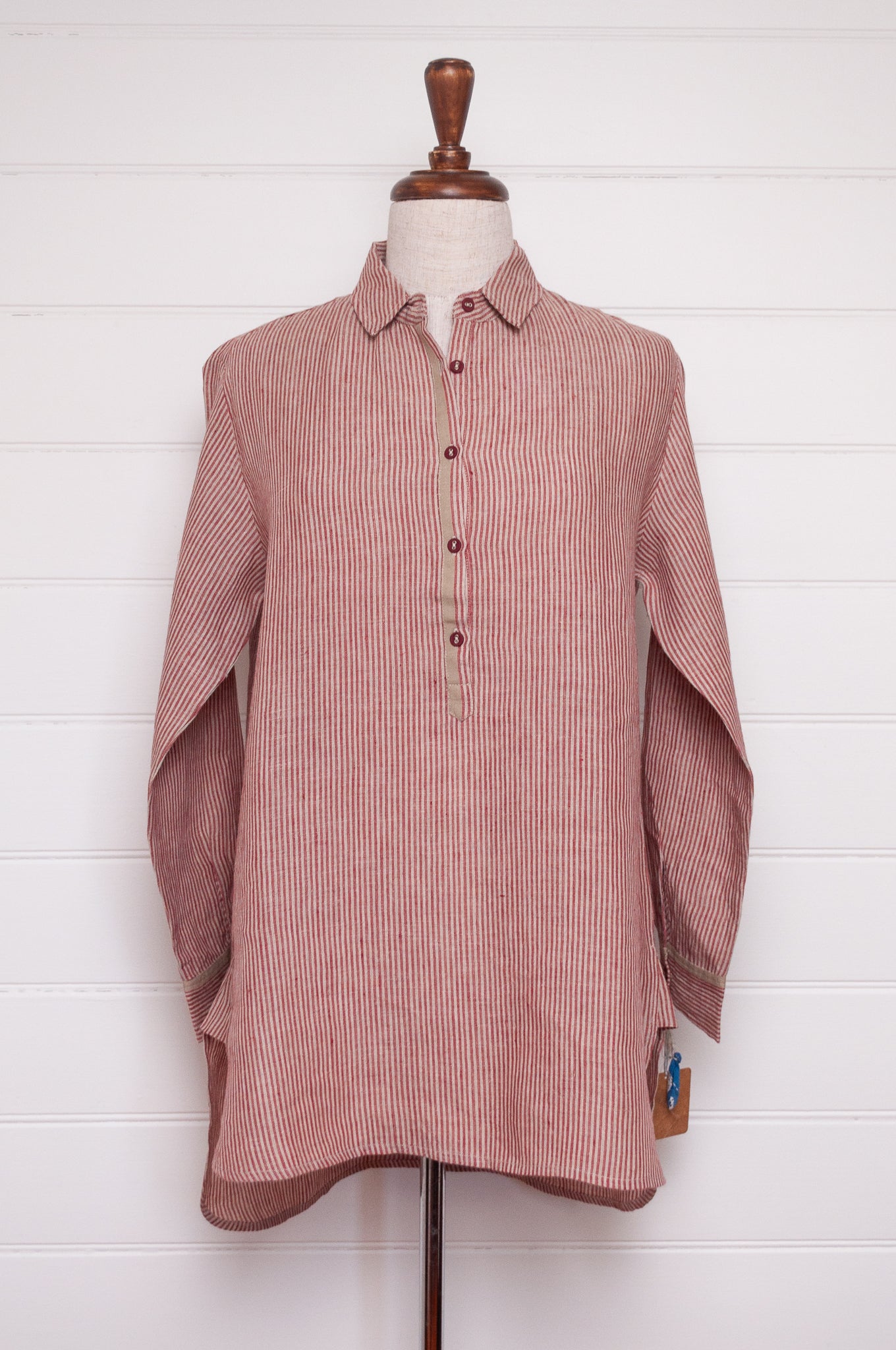 DVE Vetali fine stripe linen shirt crimson red and natural.