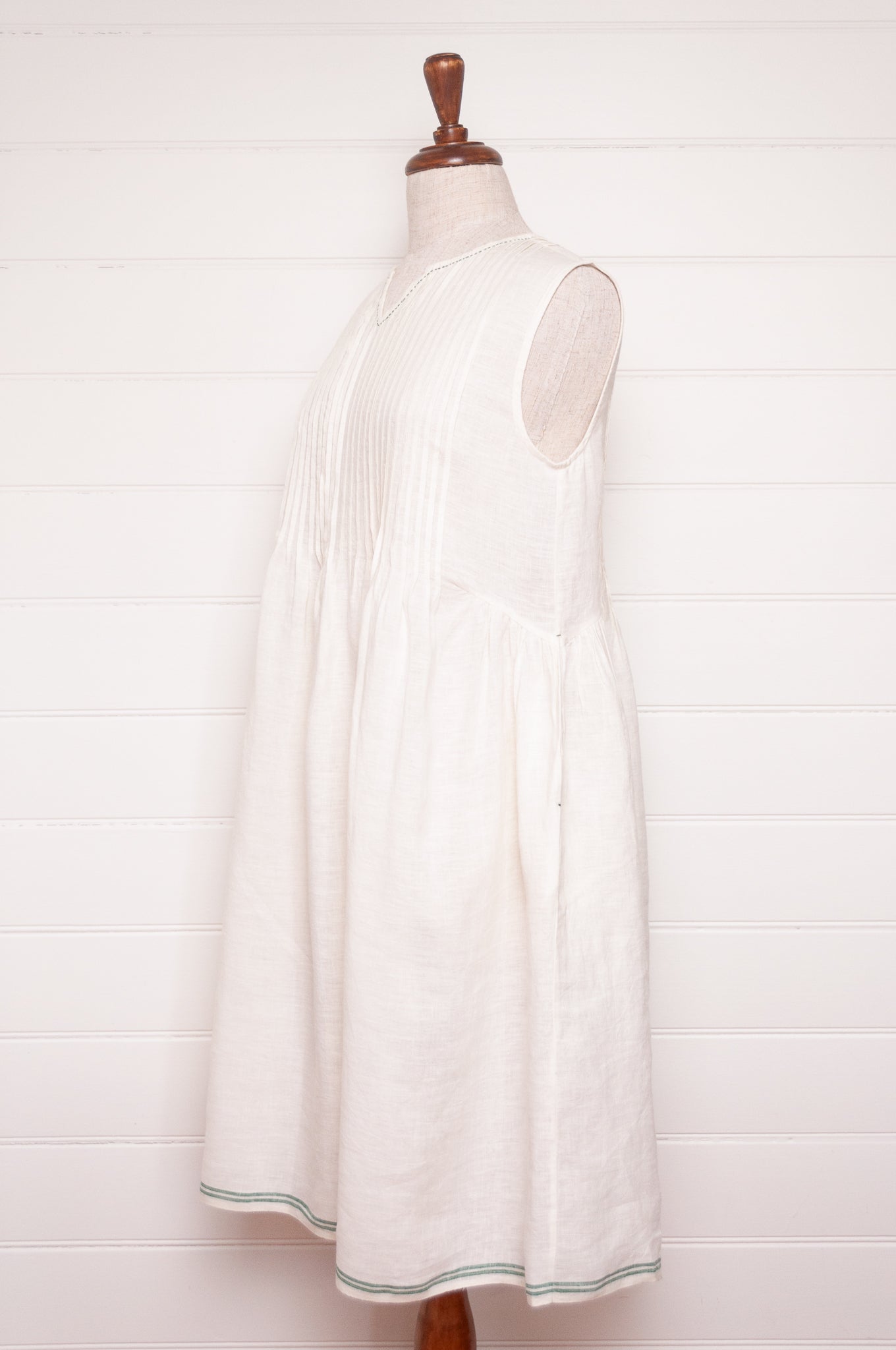 DVE Bhavya natural white linen sleeveless pintucked sun dress.