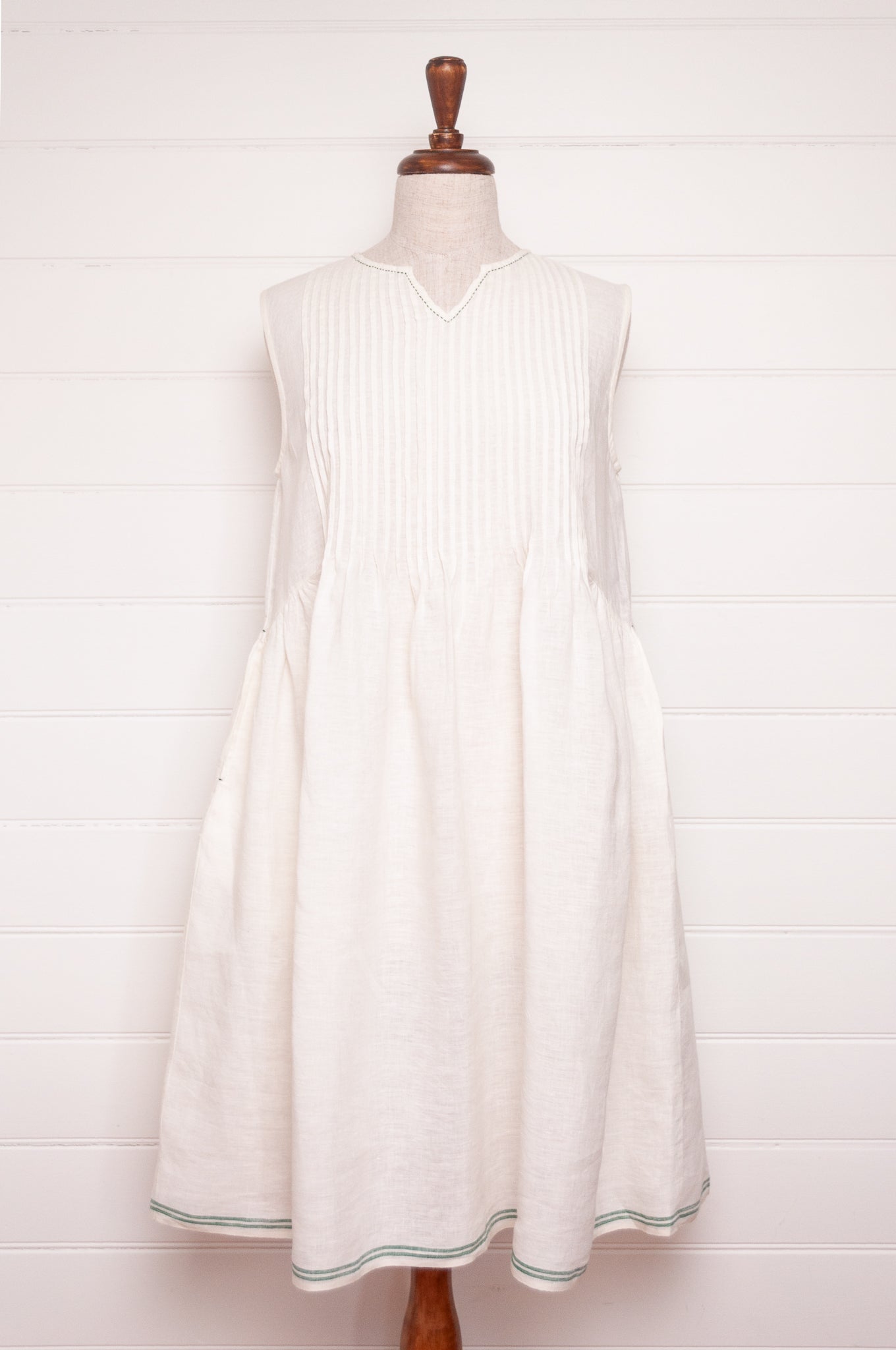 DVE Bhavya natural white linen sleeveless pintucked sun dress.