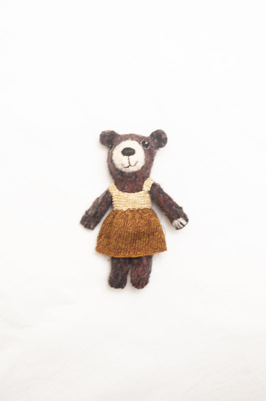 Sophie Digard poupee pure wool teddy bear in chocolate brown with brown and ecru dress.