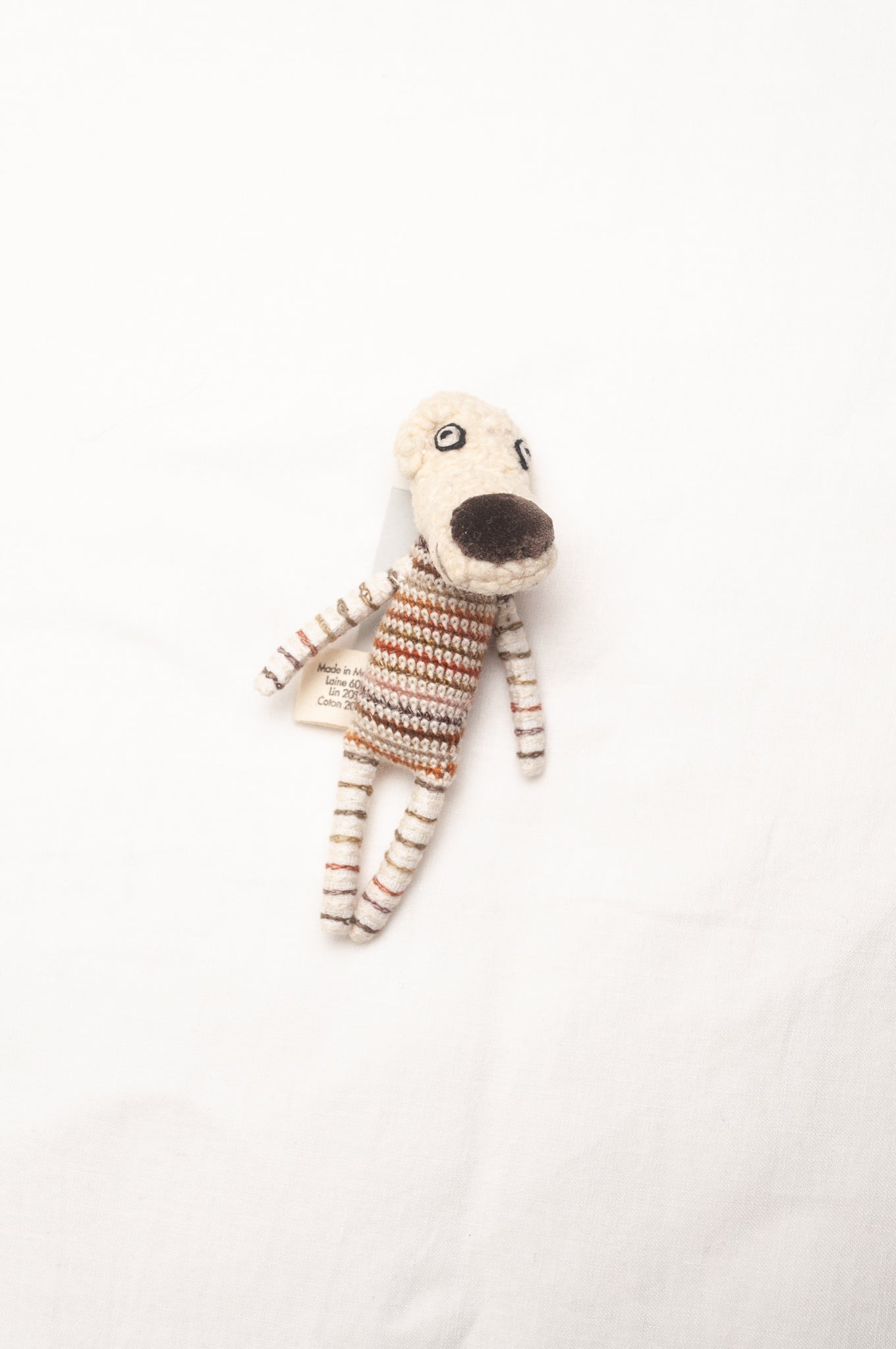 Sophie Digard poupee pure wool dog in oatmeal with striped jumper.