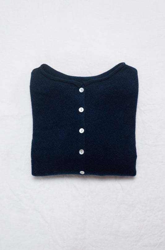 One size reversible cashmere cardigan in deep midnight navy blue.