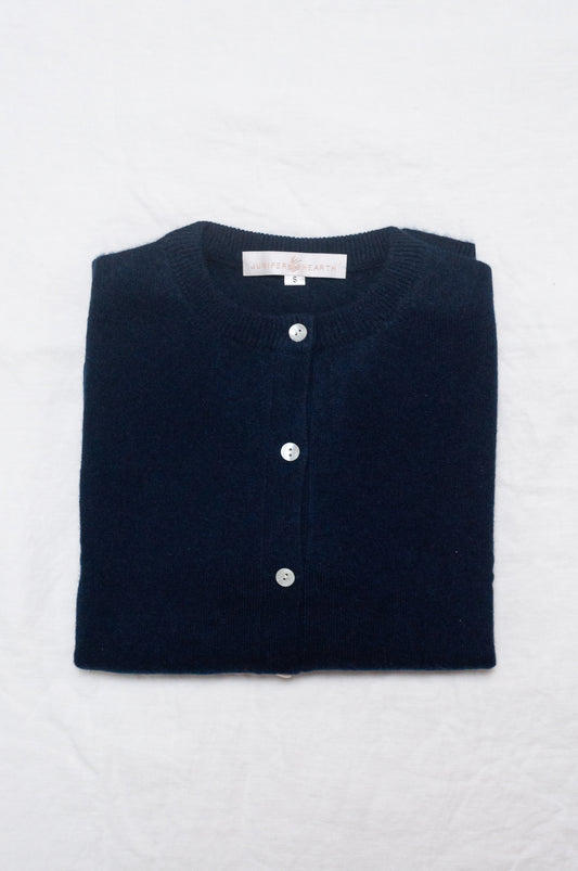 Classic cashmere crew neck cardigan in deep midnight navy blue.