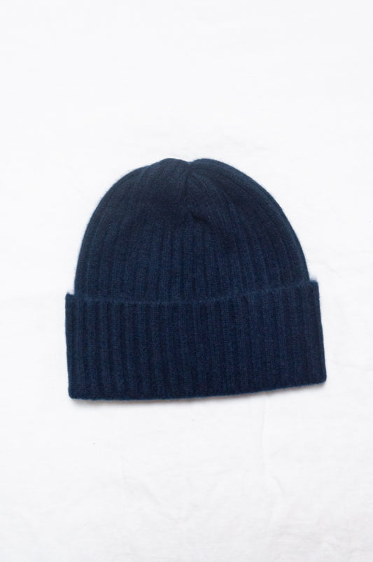 Juniper Hearth pure cashmere ribbed beanie in midnight navy.