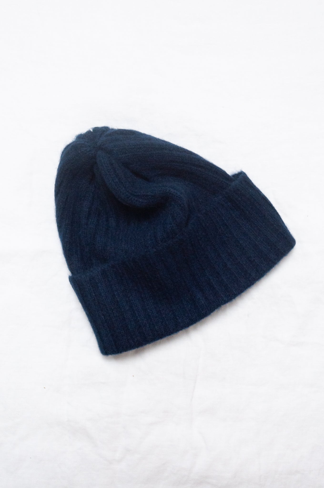 Juniper Hearth pure cashmere ribbed beanie in midnight navy.
