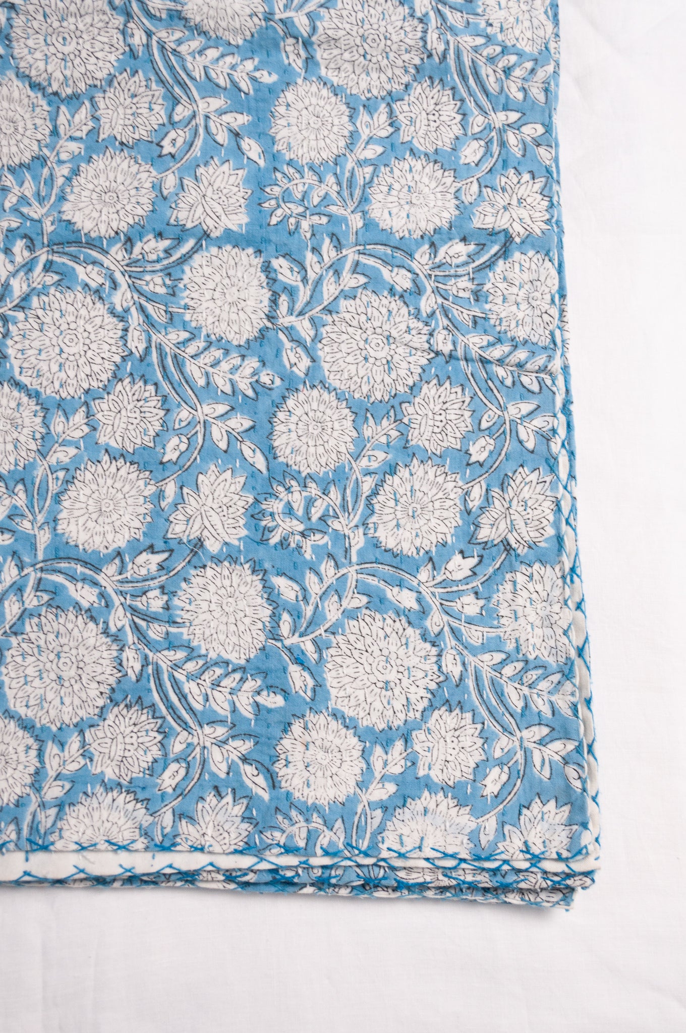 Cotton kantha quilt in sky blue and white floral.