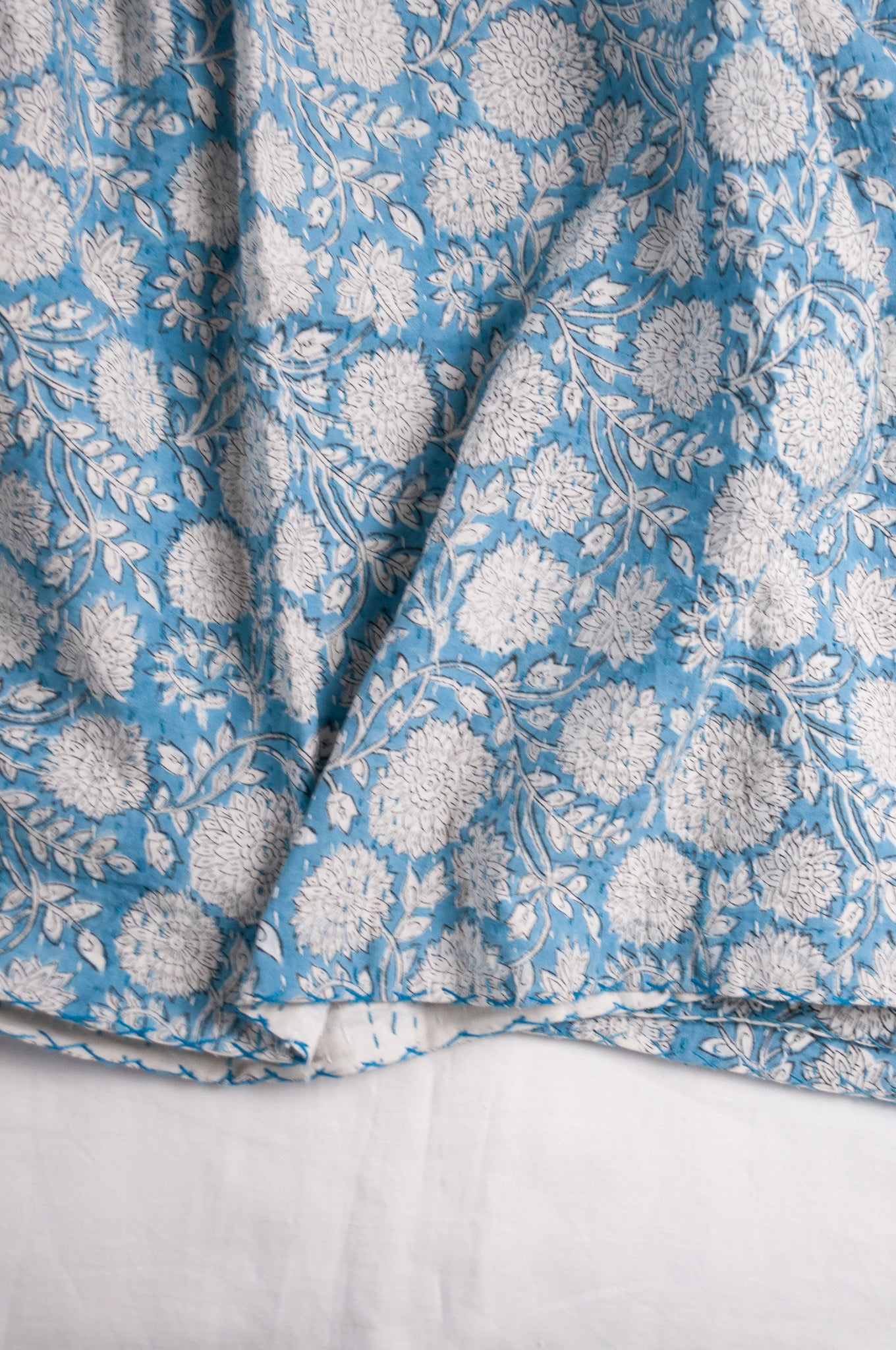 Cotton kantha quilt in sky blue and white floral.