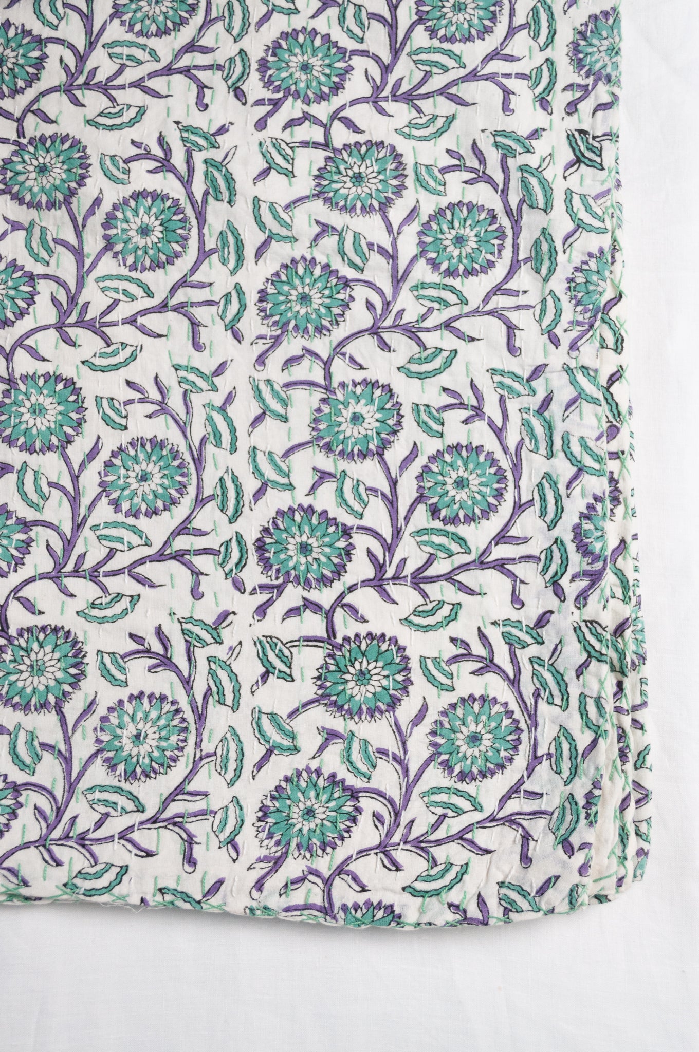 Mint green blue and white floral carnations cotton kantha quilt.