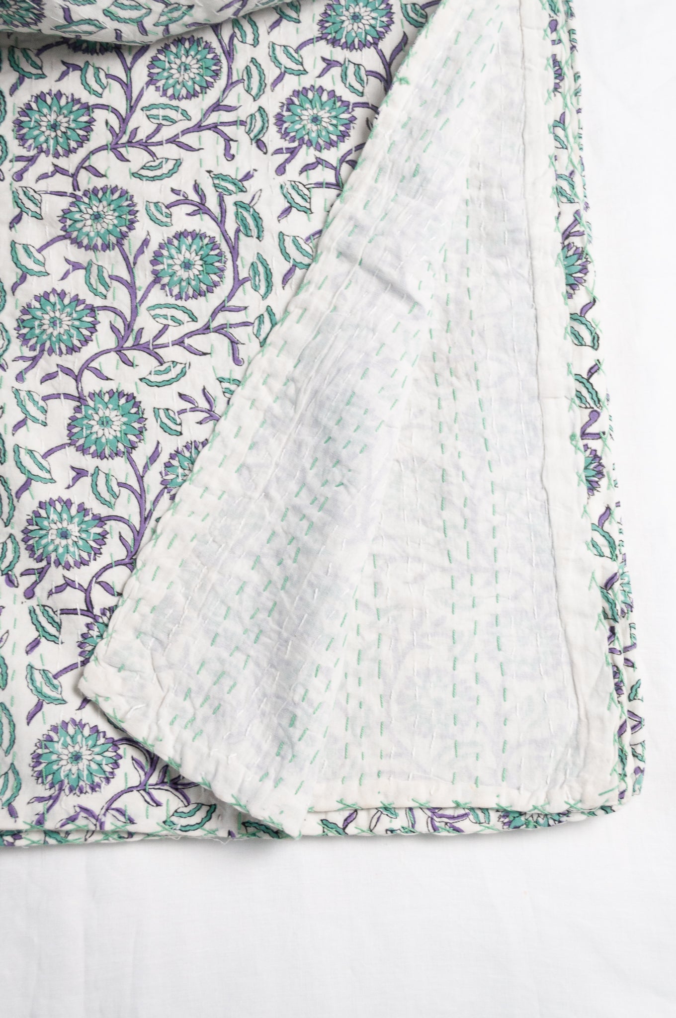 Mint green blue and white floral carnations cotton kantha quilt.