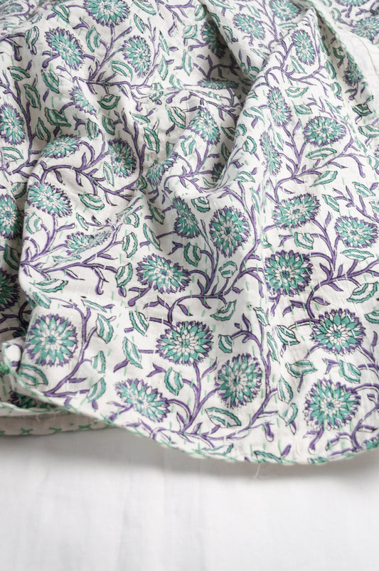 Mint green blue and white floral carnations cotton kantha quilt.