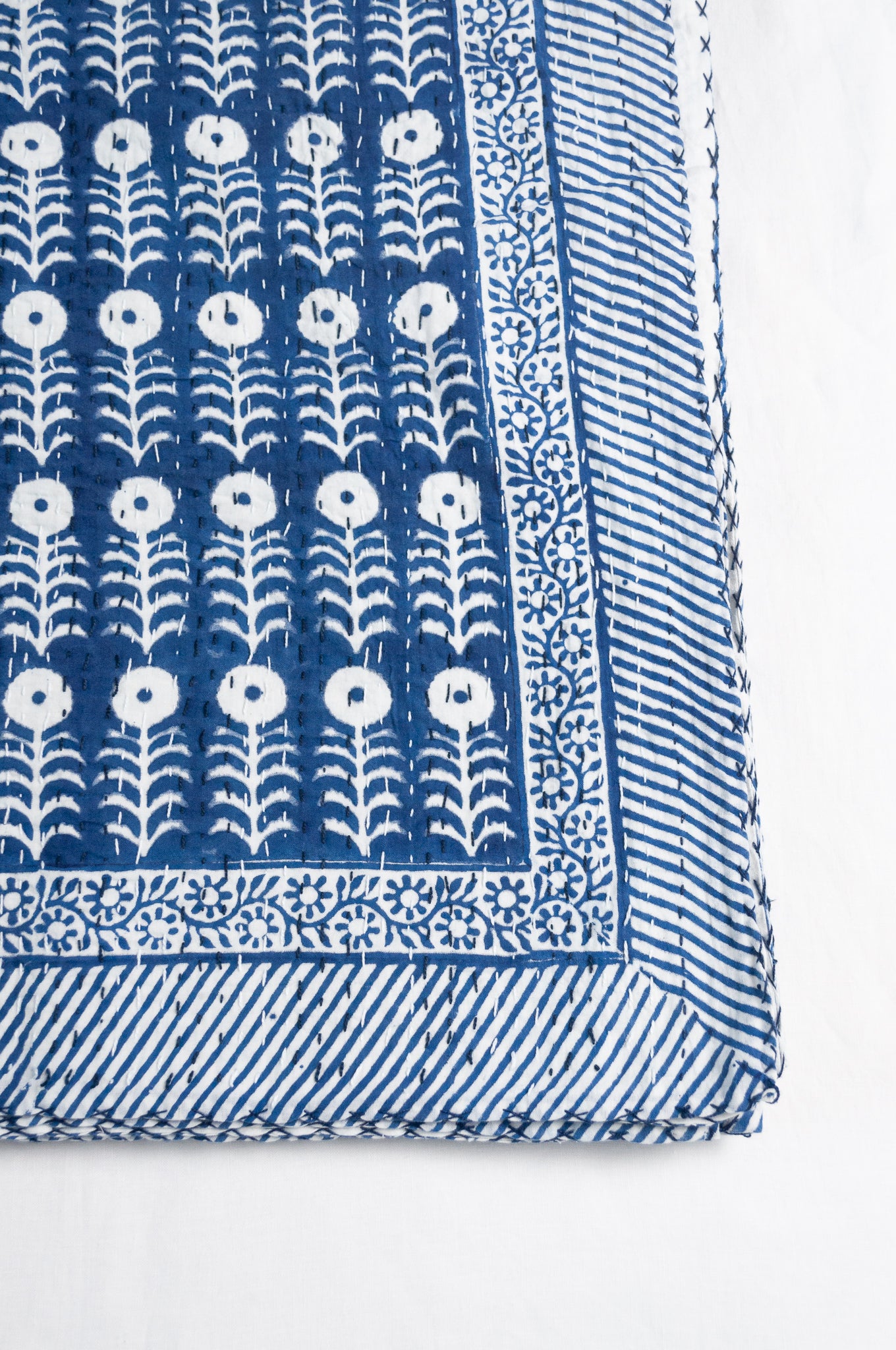 Blue and white floral cotton blockprint kantha quilt.