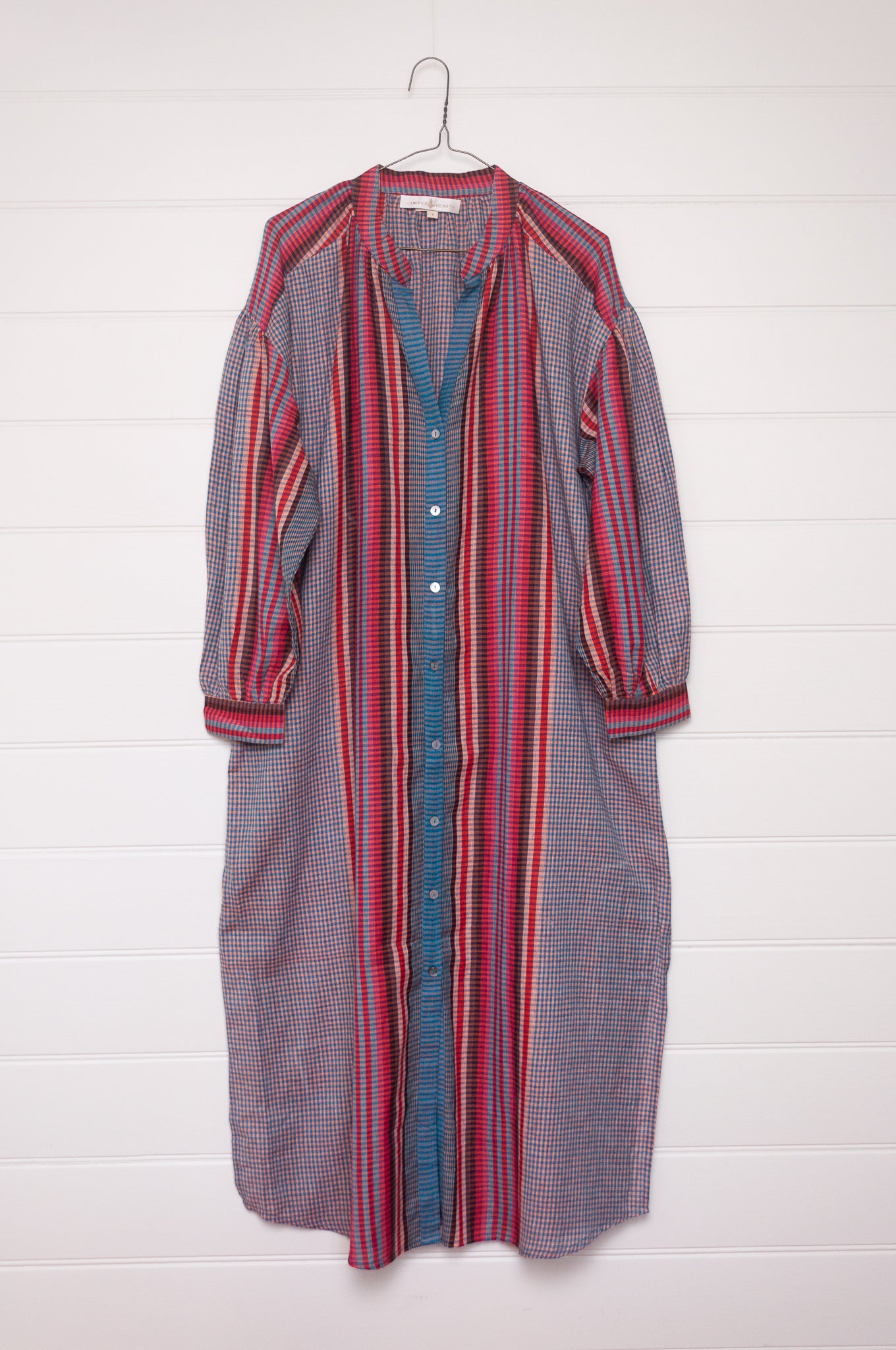 Riviera dress in handloom cotton checks and stripes sapphire tones.