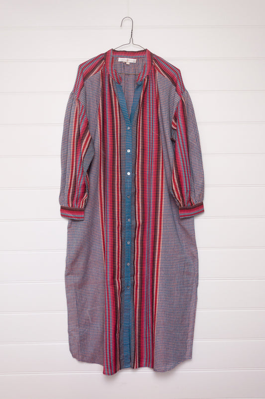 Riviera dress in handloom cotton checks and stripes sapphire tones.