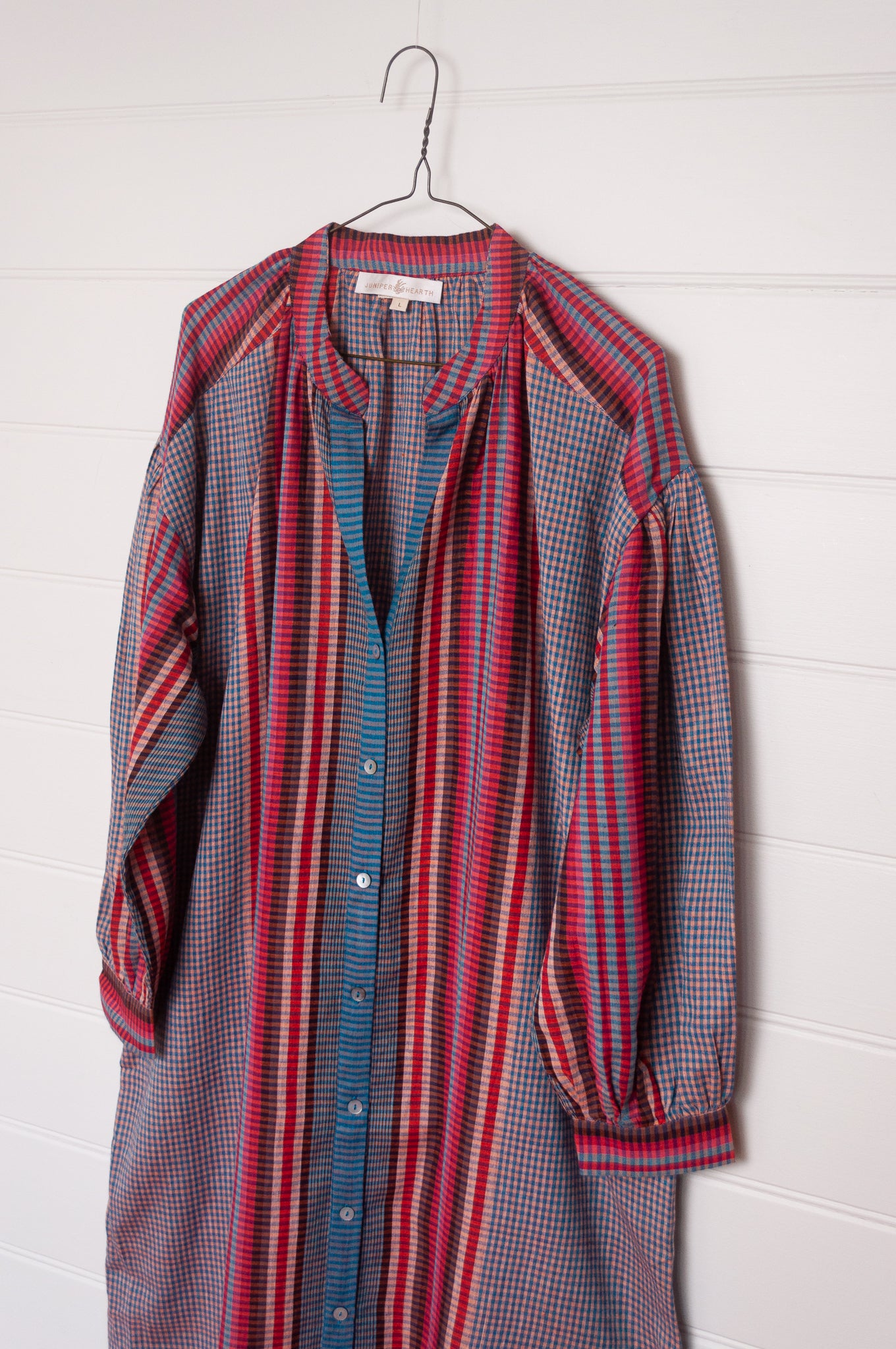 Riviera dress in handloom cotton checks and stripes sapphire tones.