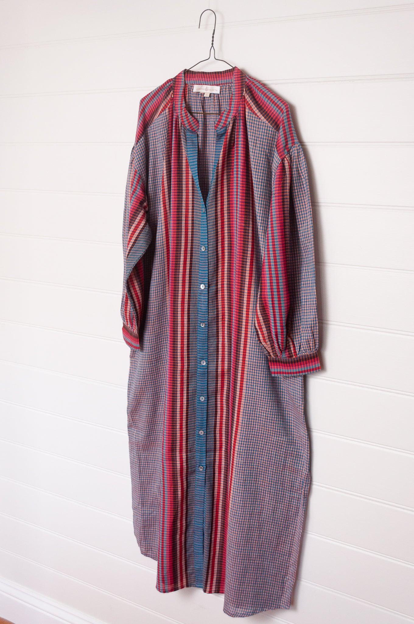Riviera dress in handloom cotton checks and stripes sapphire tones.