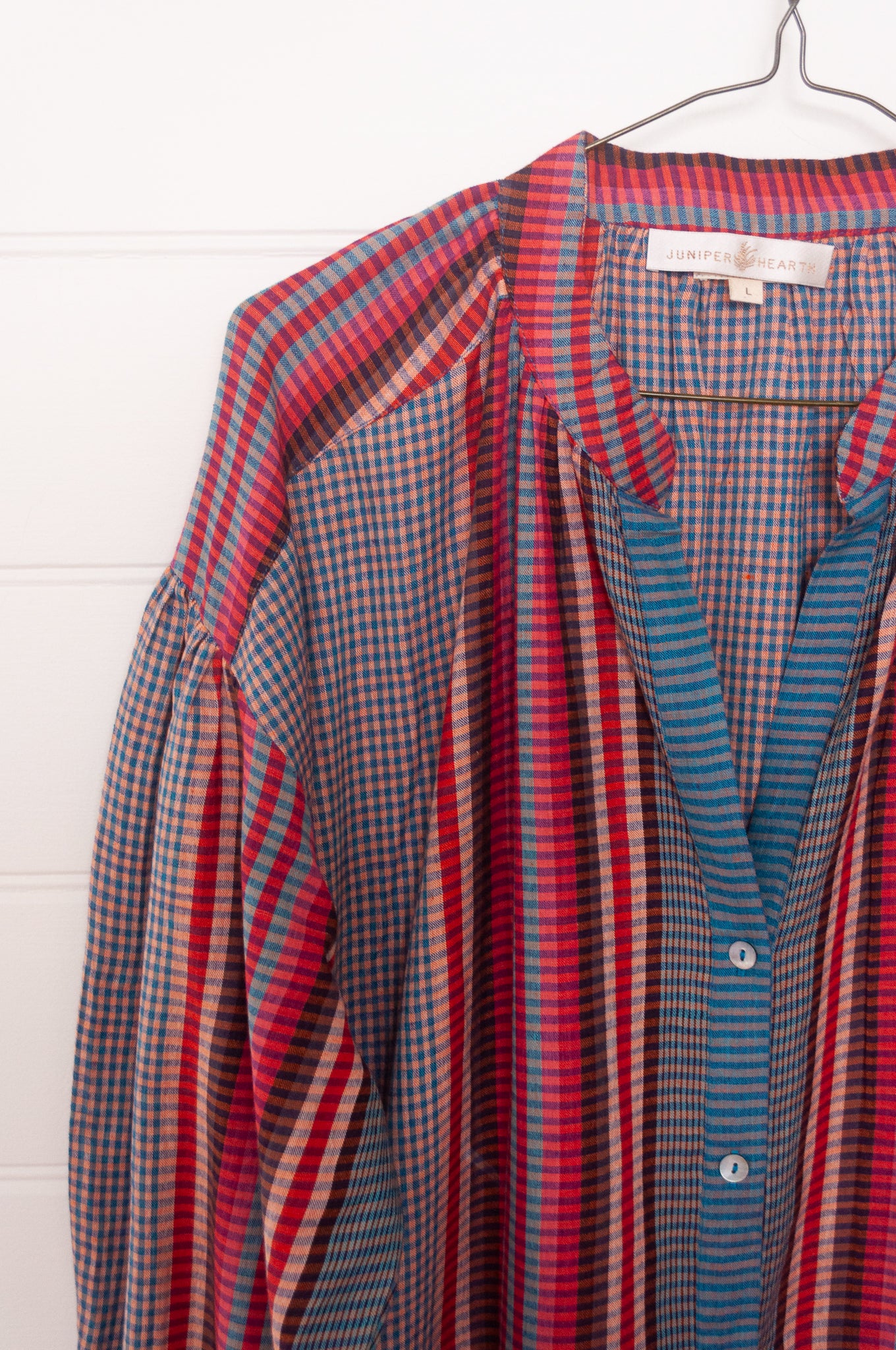 Riviera dress in handloom cotton checks and stripes sapphire tones.