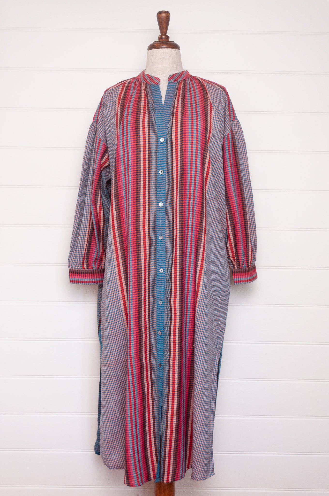 Riviera dress in handloom cotton checks and stripes sapphire tones.