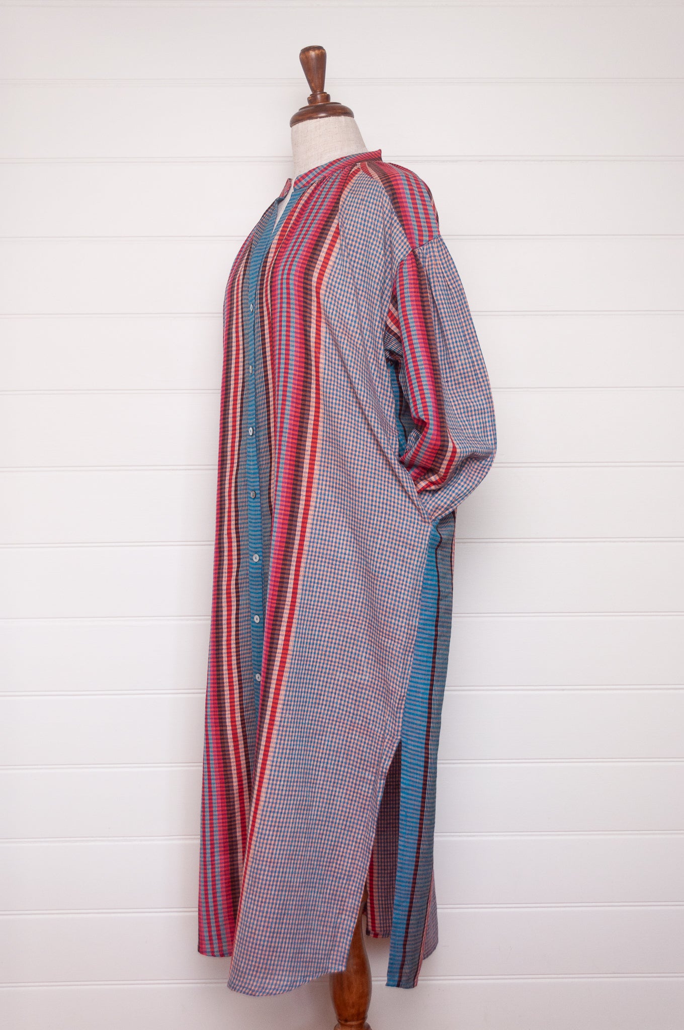 Riviera dress in handloom cotton checks and stripes sapphire tones.