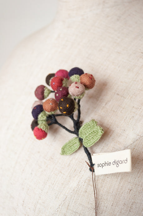 Sophie Digard handmade embroidered floral linen brooch.