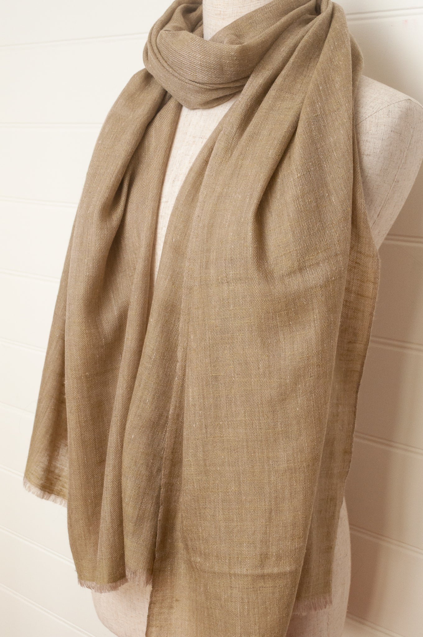 Pure pashmina cashmere wool handwoven scarf in soft olive taupe.