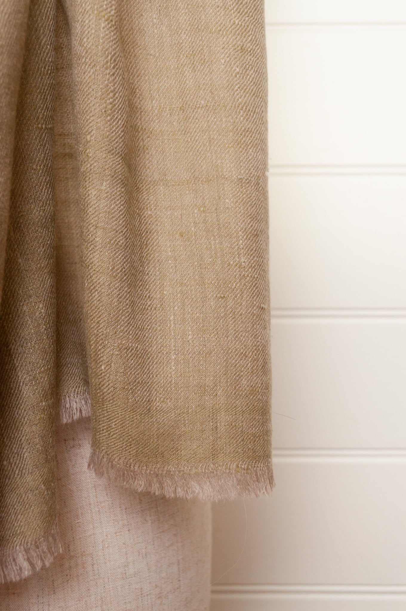 Pure pashmina cashmere wool handwoven scarf in soft olive taupe.