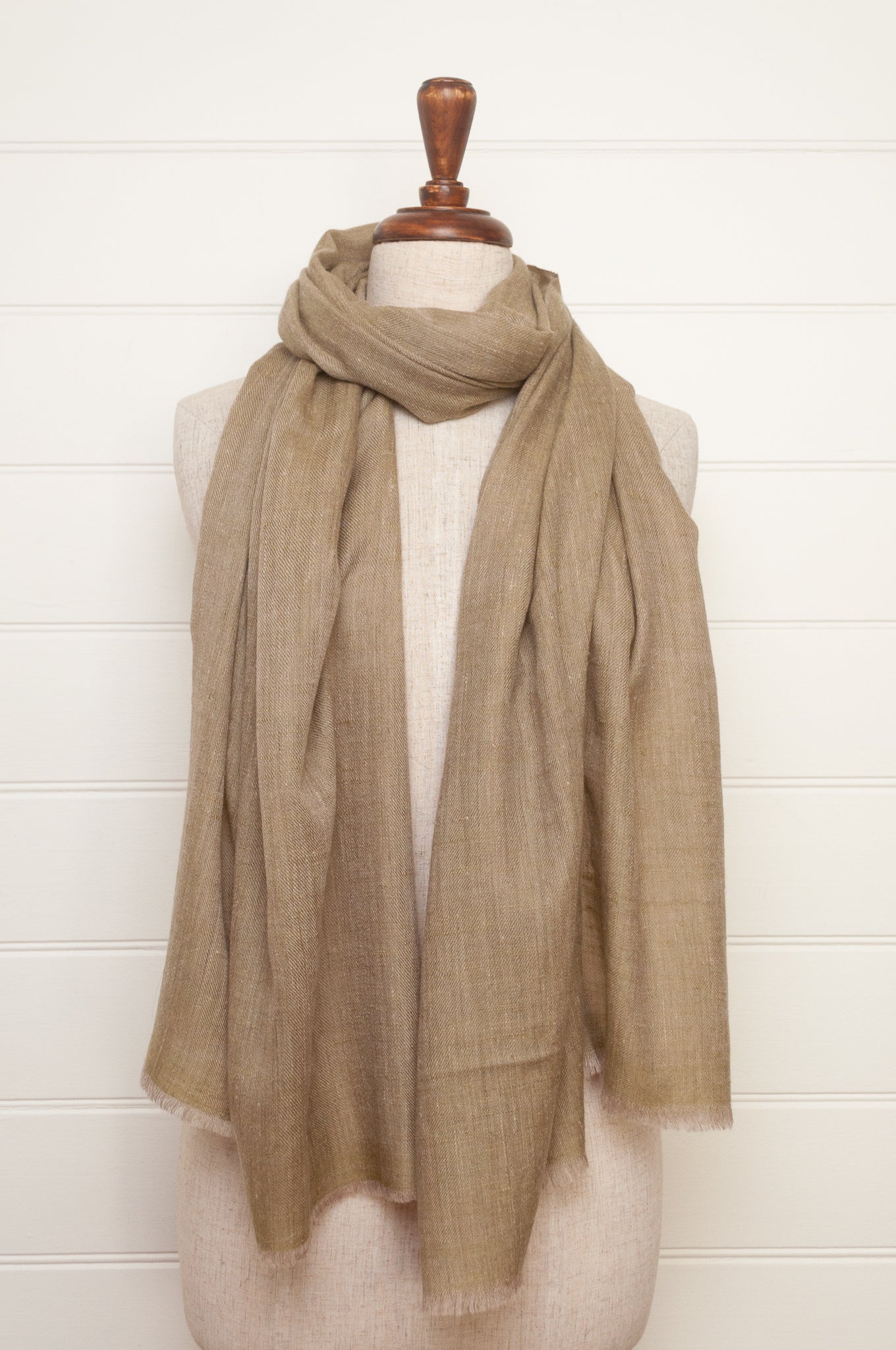 Pure pashmina cashmere wool handwoven scarf in soft olive taupe.