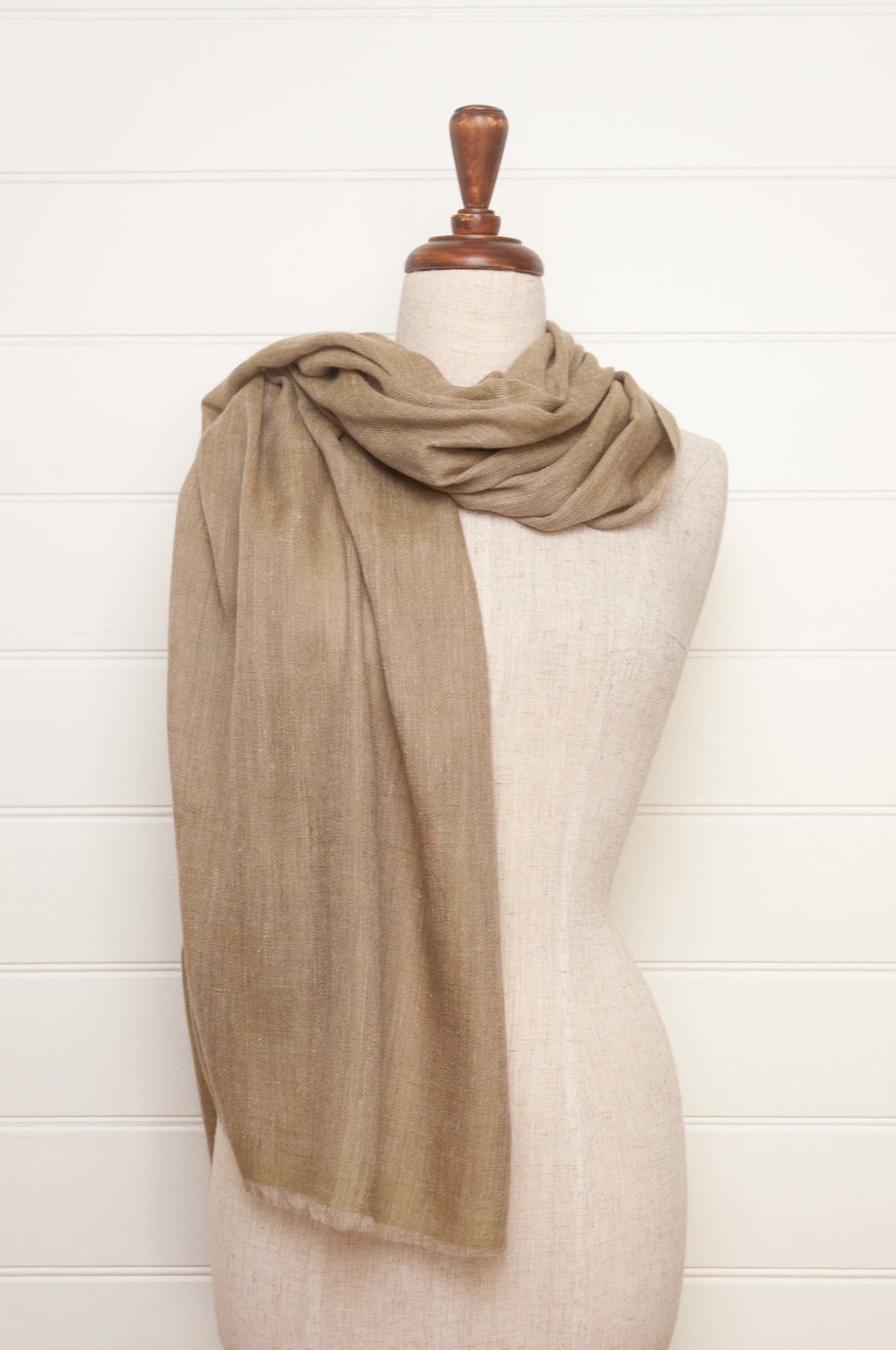 Pure pashmina cashmere wool handwoven scarf in soft olive taupe.