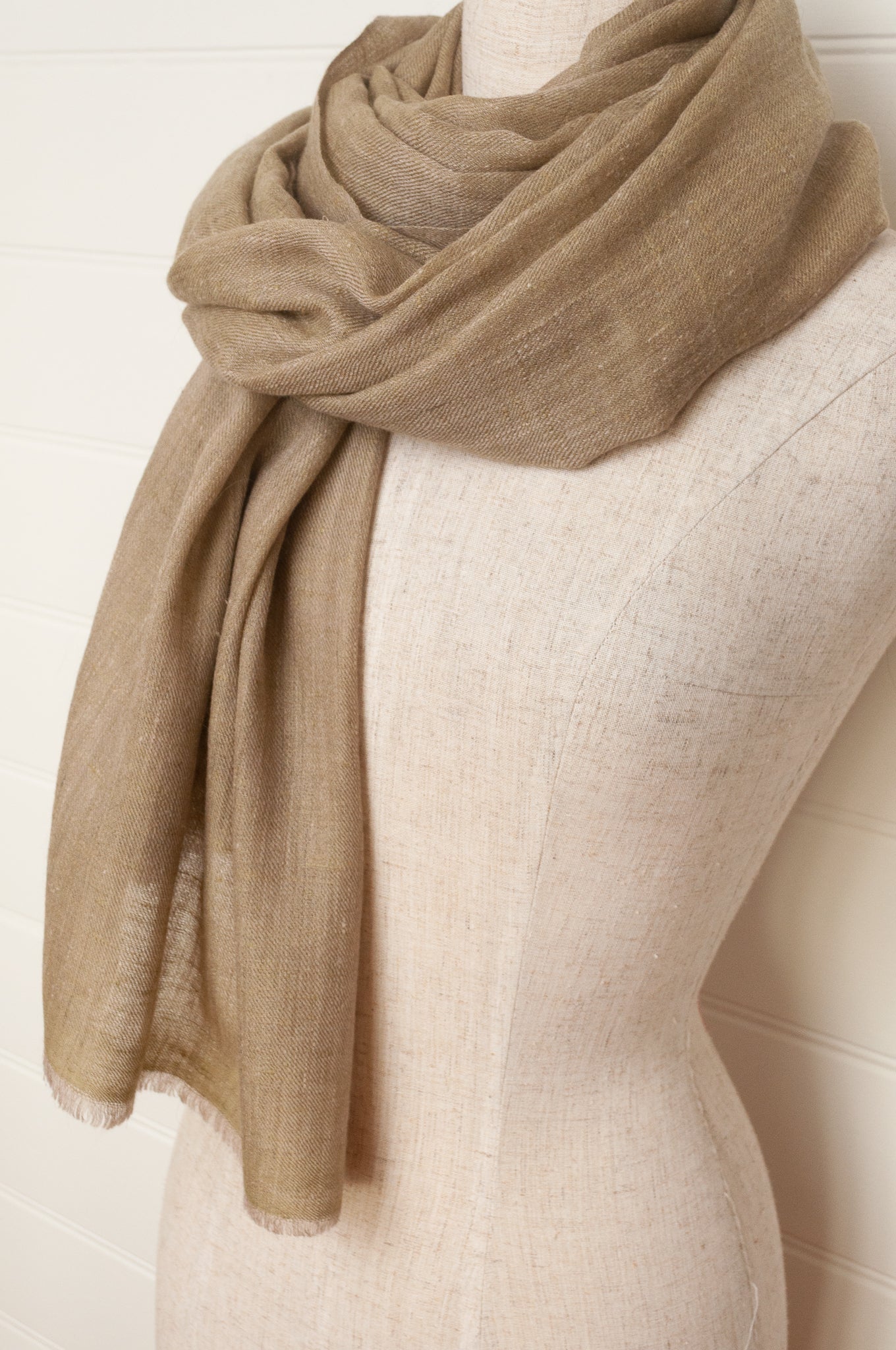 Pure pashmina cashmere wool handwoven scarf in soft olive taupe.