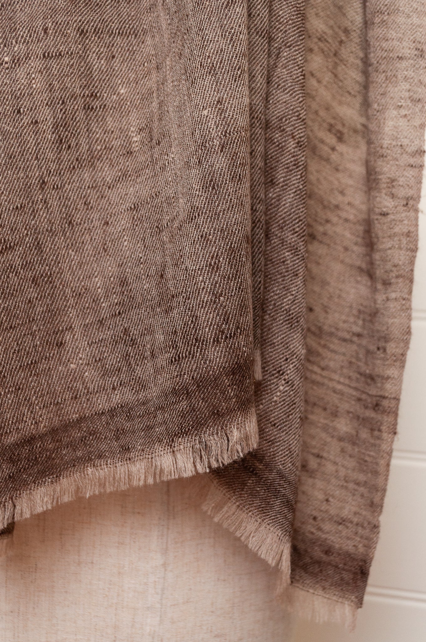 Pure pashmina cashmere wool handwoven scarf in warm chocolate brown.