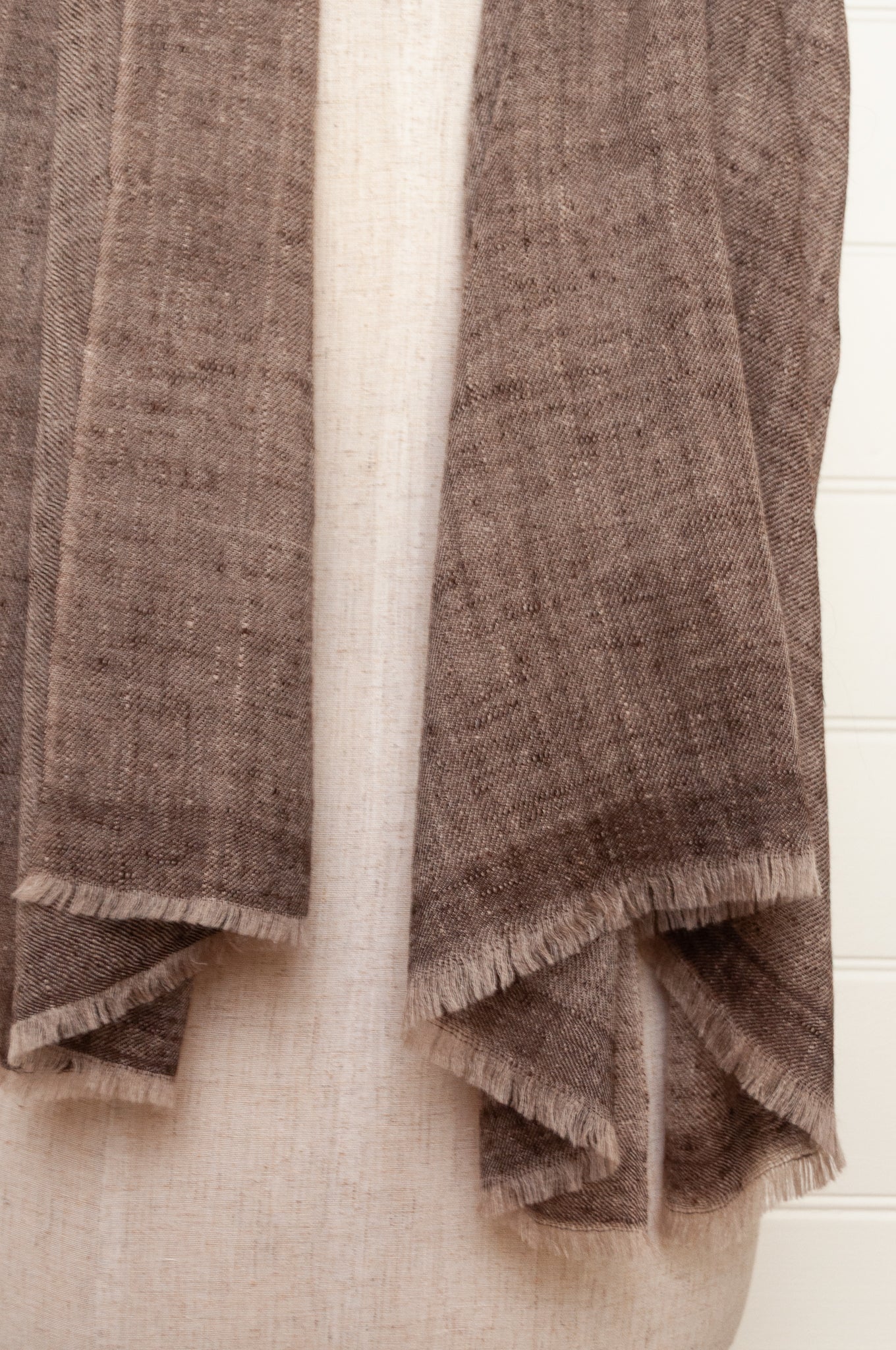 Pure pashmina cashmere wool handwoven scarf in warm chocolate brown.