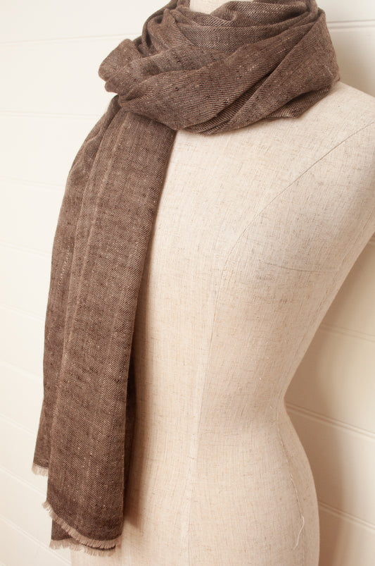 Pure pashmina cashmere wool handwoven scarf in warm chocolate brown.