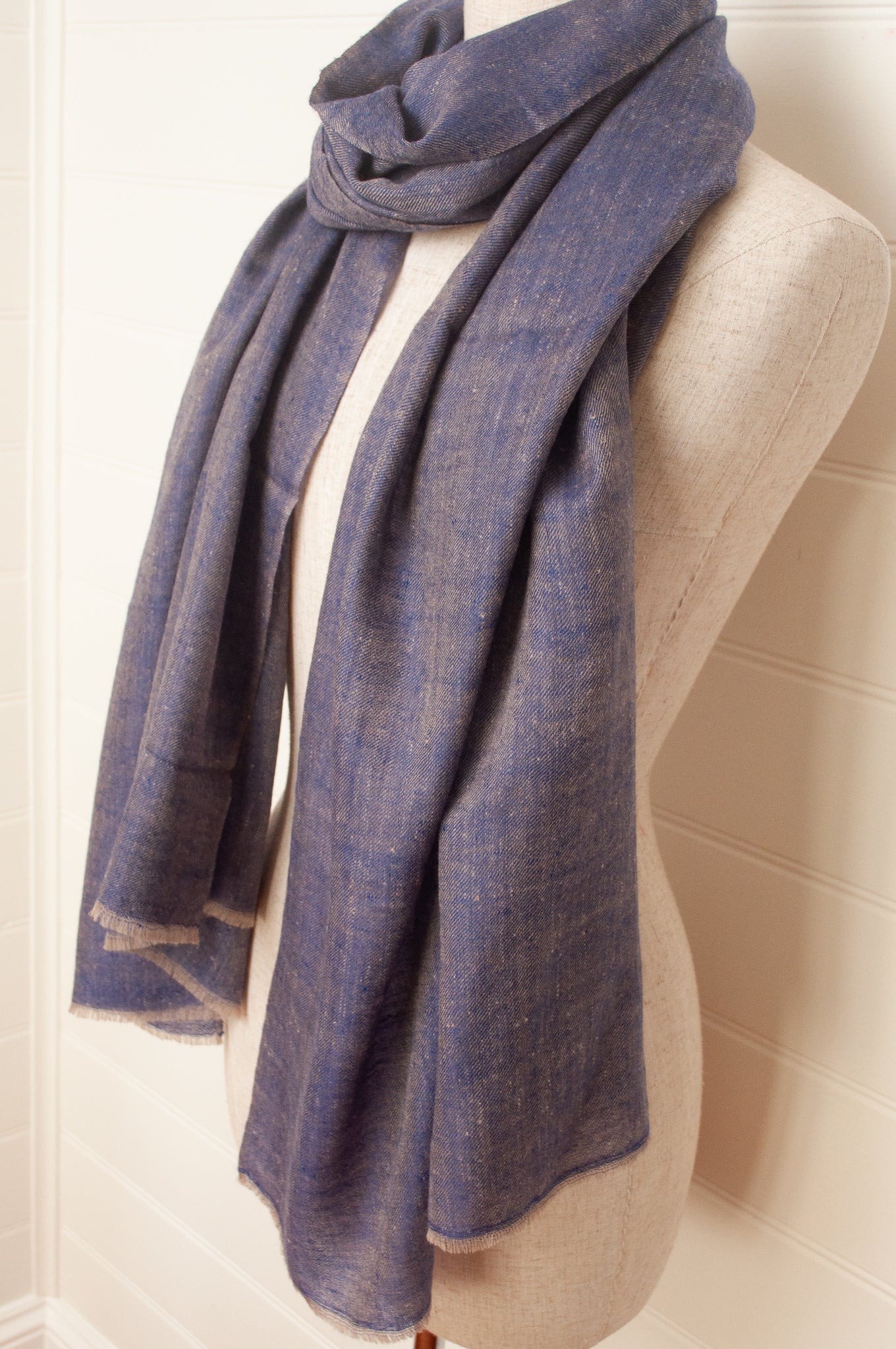 Pure pashmina cashmere wool handwoven scarf in denim blue.